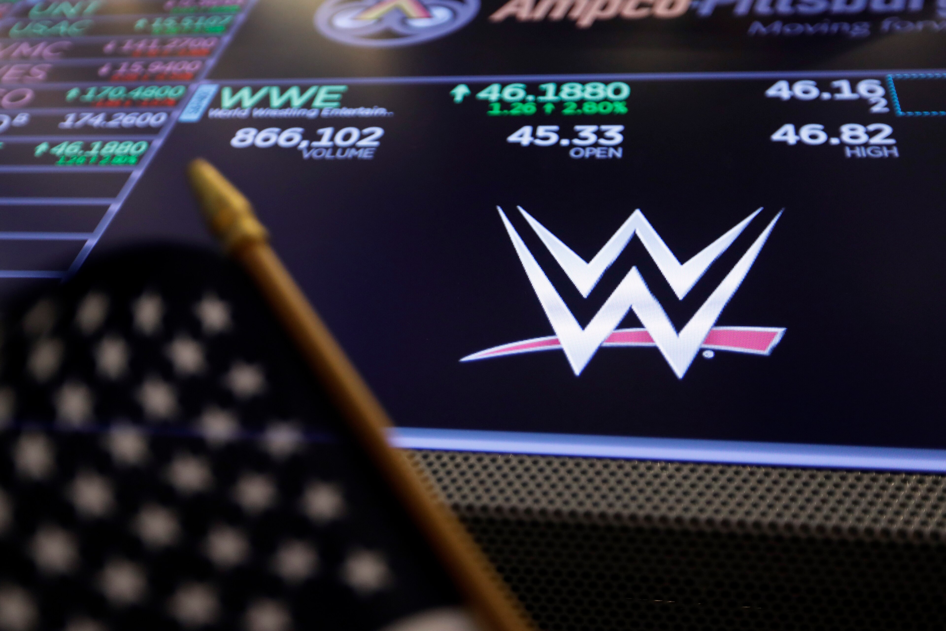 The logo for World Wrestling Entertainment, Inc., WWE, appears above a trading post on the floor of the New York Stock Exchange, Tuesday, Feb. 18, 2020. (AP Photo/Richard Drew) The logo for World Wrestling Entertainment, Inc., WWE, appears above a trading post on the floor of the New York Stock Exchange, Tuesday, Feb. 18, 2020. (AP Photo/Richard Drew)