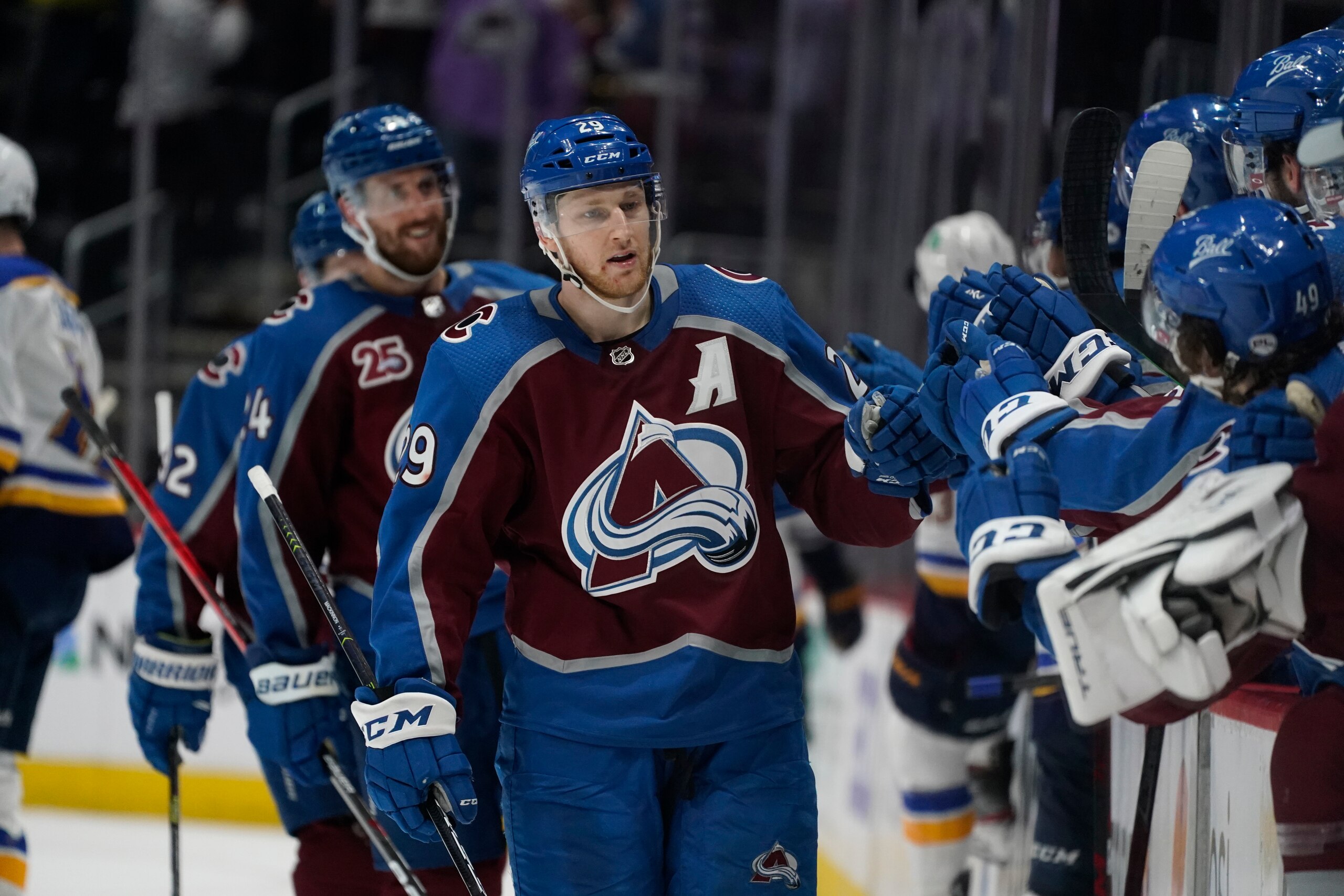 Colorado Avalanche center Nathan MacKinnon (29) in the third period of Game 1 of an NHL hockey Stanley Cup first-round playoff series Monday, May 17, 2021, in Denver. Colorado won 4-1. (AP Photo/David Zalubowski)