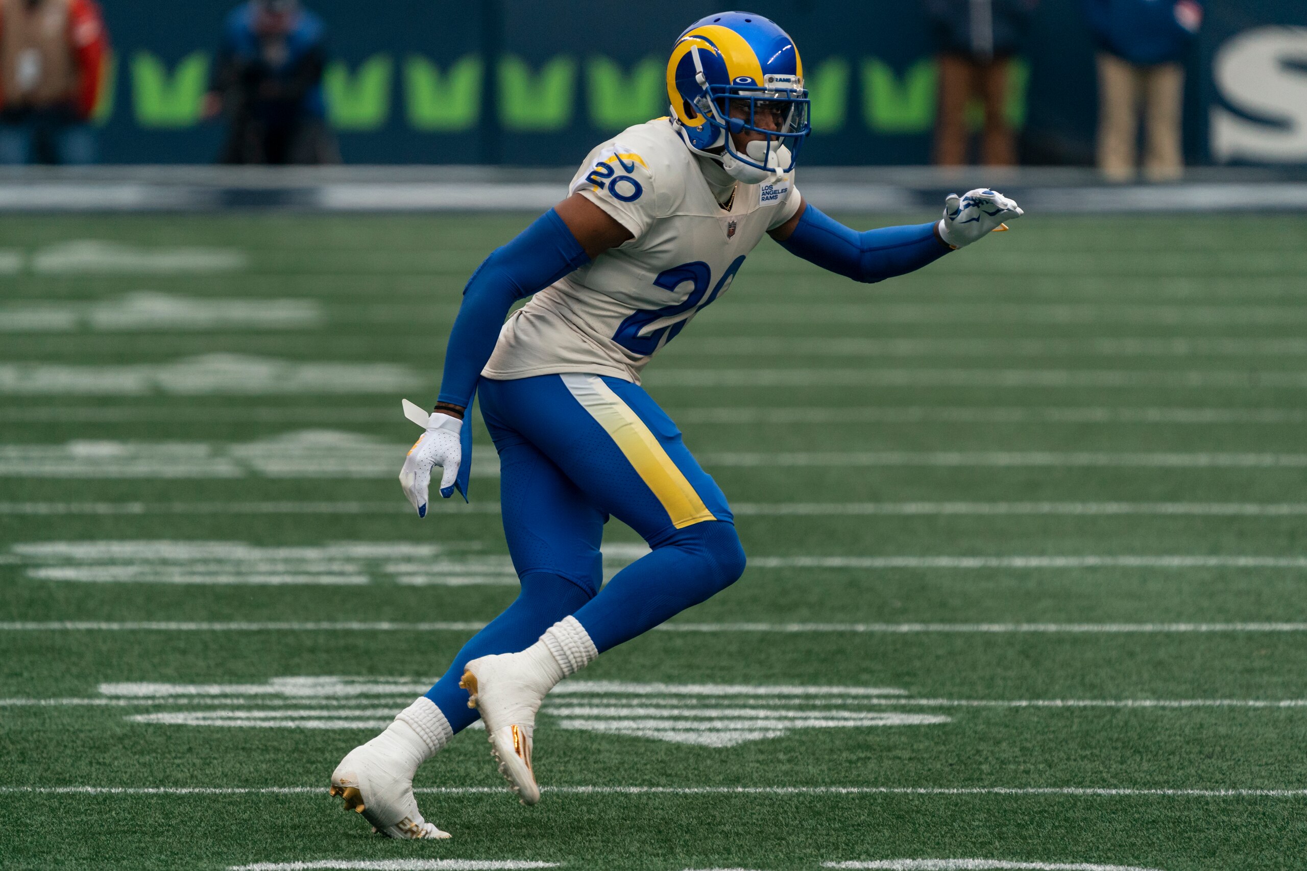 Los Angeles Rams defensive back Jalen Ramsey is pictured during the first half of an NFL wild-card playoff football game, Saturday, Jan. 9, 2021, in Seattle. The Rams won 30-20. (AP Photo/Stephen Brashear)