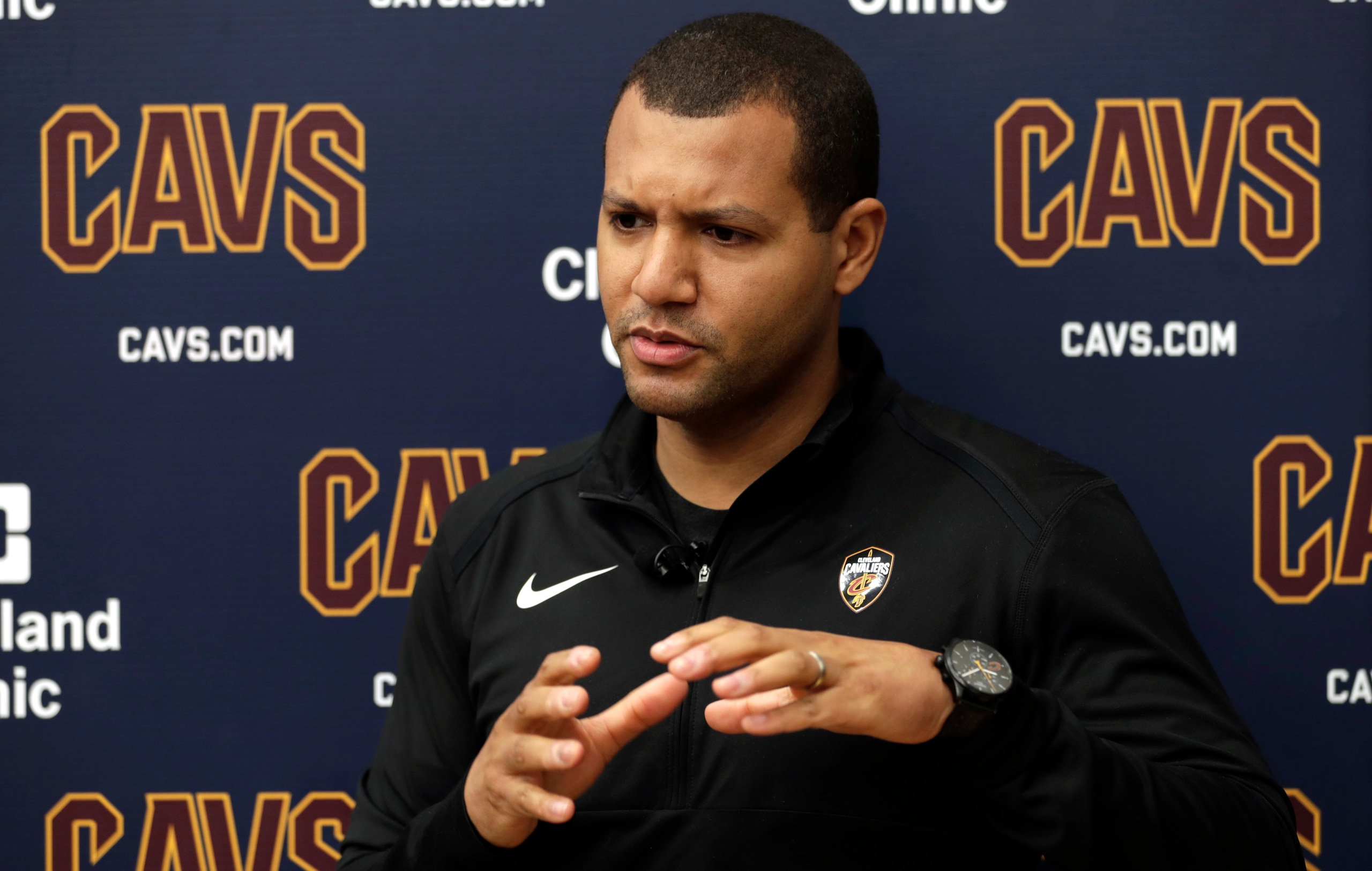 FILE - In this April 12, 2019, file photo, Cleveland Cavaliers general manager Koby Altman speaks to the media at the NBA basketball team's training facility in Independence, Ohio. Altman has signed a multi-year contract extension with the club. Details of the deal were not immediately available Friday, Nov. 1, 2019. (AP Photo/Tony Dejak, File) FILE - In this April 12, 2019, file photo, Cleveland Cavaliers general manager Koby Altman speaks to the media at the NBA basketball team's training facility in Independence, Ohio. Altman has signed a multi-year contract extension with the club. Details of the deal were not immediately available Friday, Nov. 1, 2019. (AP Photo/Tony Dejak, File)