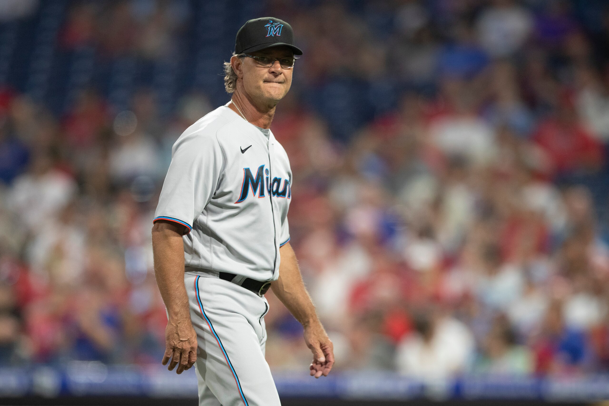 PHILADELPHIA, PA - JUNE 30: Manager Don Mattingly #8 of the Miami Marlins walks back to the dugout against the Philadelphia Phillies at Citizens Bank Park on June 30, 2021 in Philadelphia, Pennsylvania. The Marlins defeated the Phillies 11-6. (Photo by Mitchell Leff/Getty Images)
