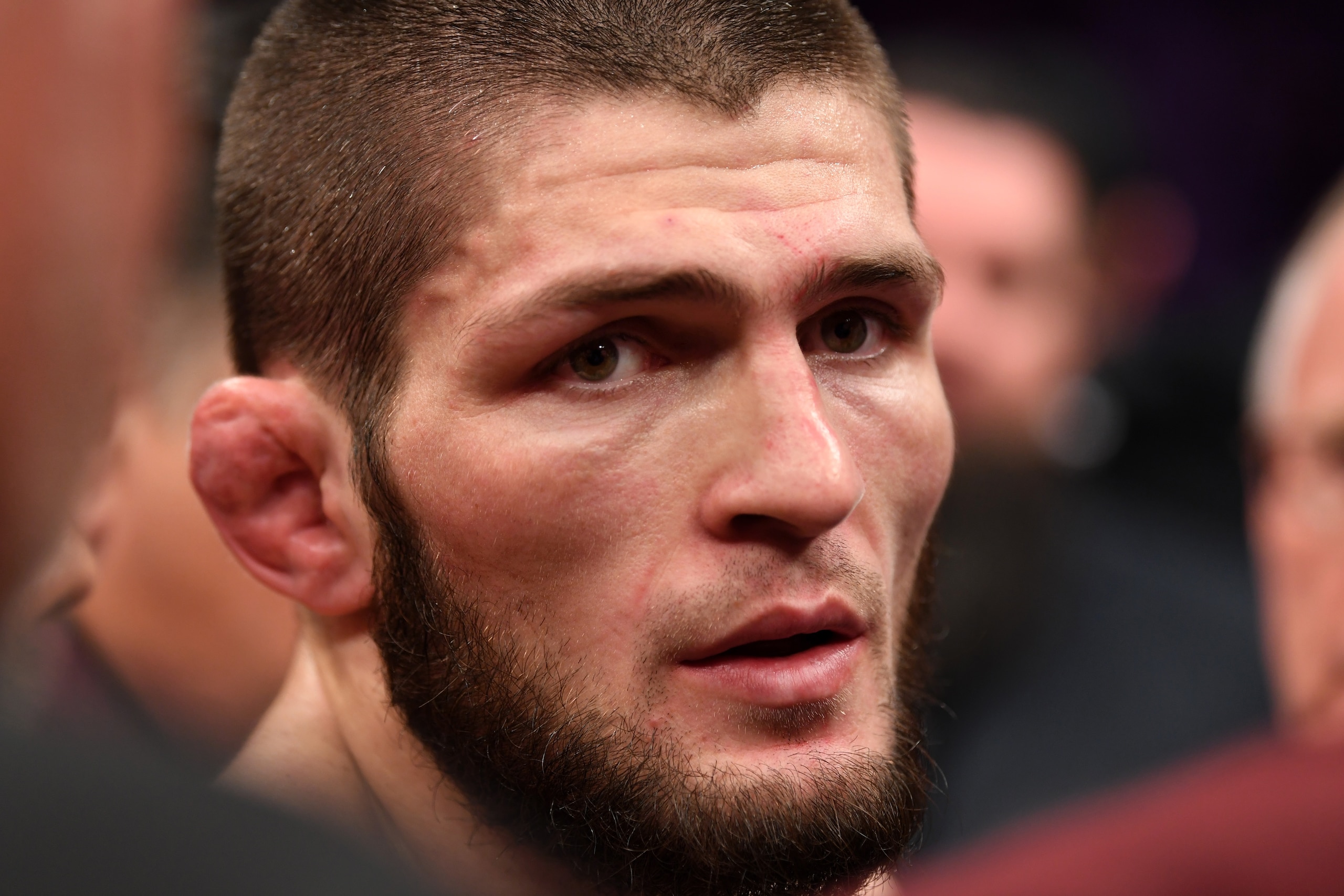 LAS VEGAS, NV - OCTOBER 06:  Khabib Nurmagomedov of Russia reacts following a post-fight incident during the UFC 229 event inside T-Mobile Arena on October 6, 2018 in Las Vegas, Nevada. (Photo by Josh Hedges/Zuffa LLC/Zuffa LLC via Getty Images)