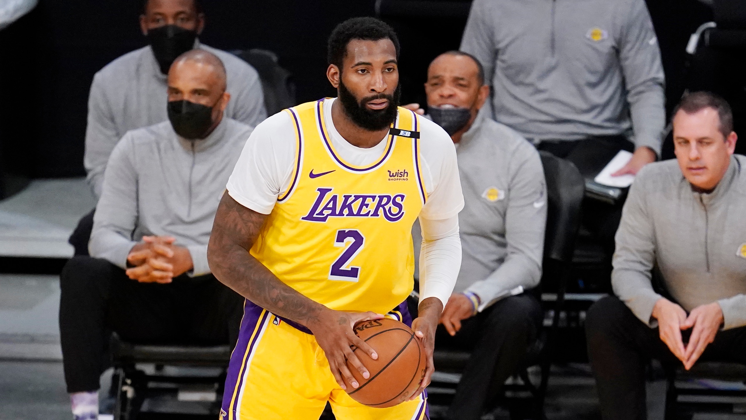 Los Angeles Lakers center Andre Drummond (2) holds the ball during Game 3 of an NBA basketball first-round playoff series against the Phoenix Suns Thursday, May 27, 2021, in Los Angeles. (AP Photo/Marcio Jose Sanchez)