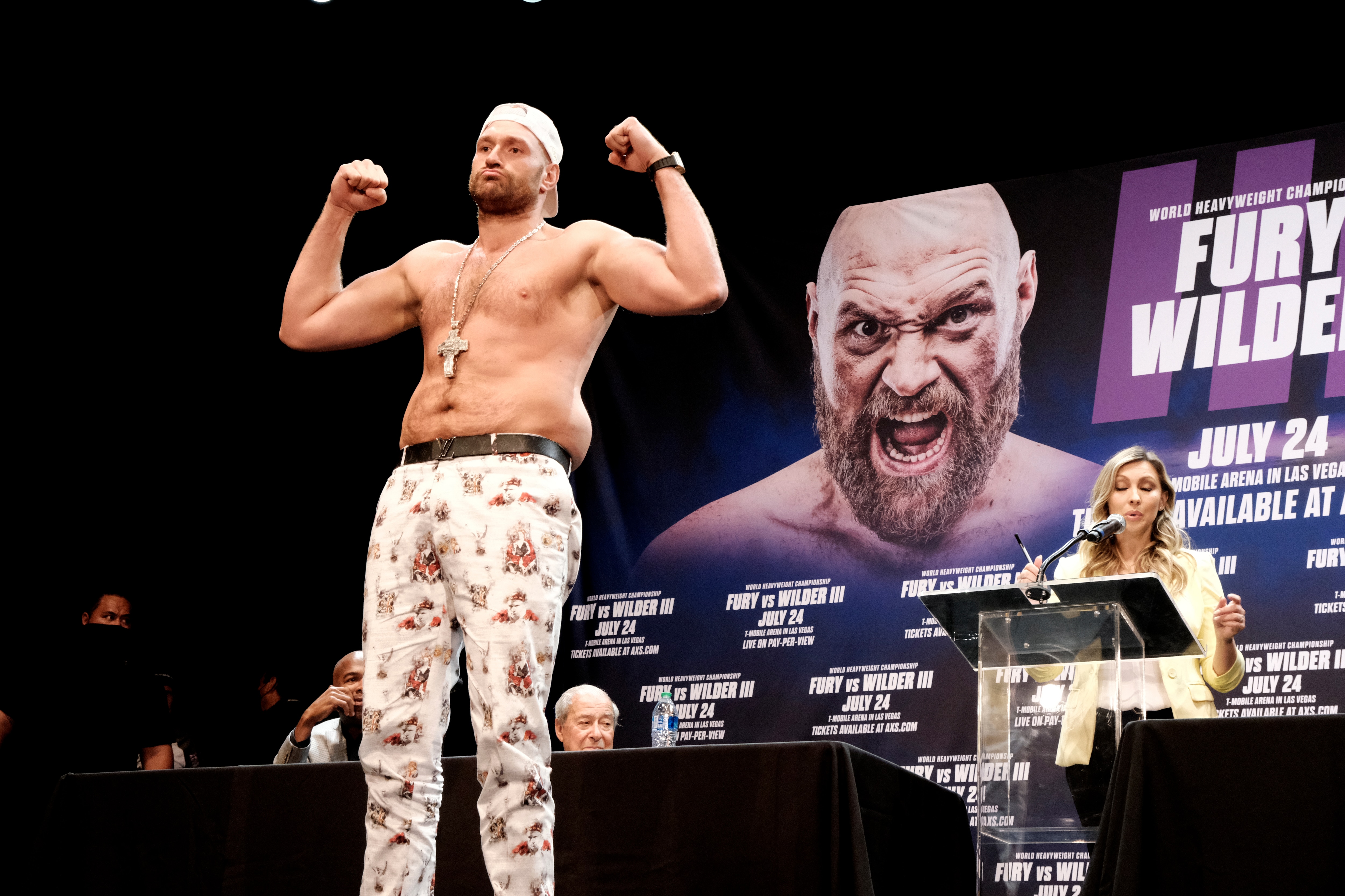 Tyson Fury poses during a news conference with Deontay Wilder in Los Angeles on Tuesday, June 15, 2021. The two are scheduled to fight in a heavyweight boxing bout  July 24 in Las Vegas. (AP Photo/Richard Vogel)