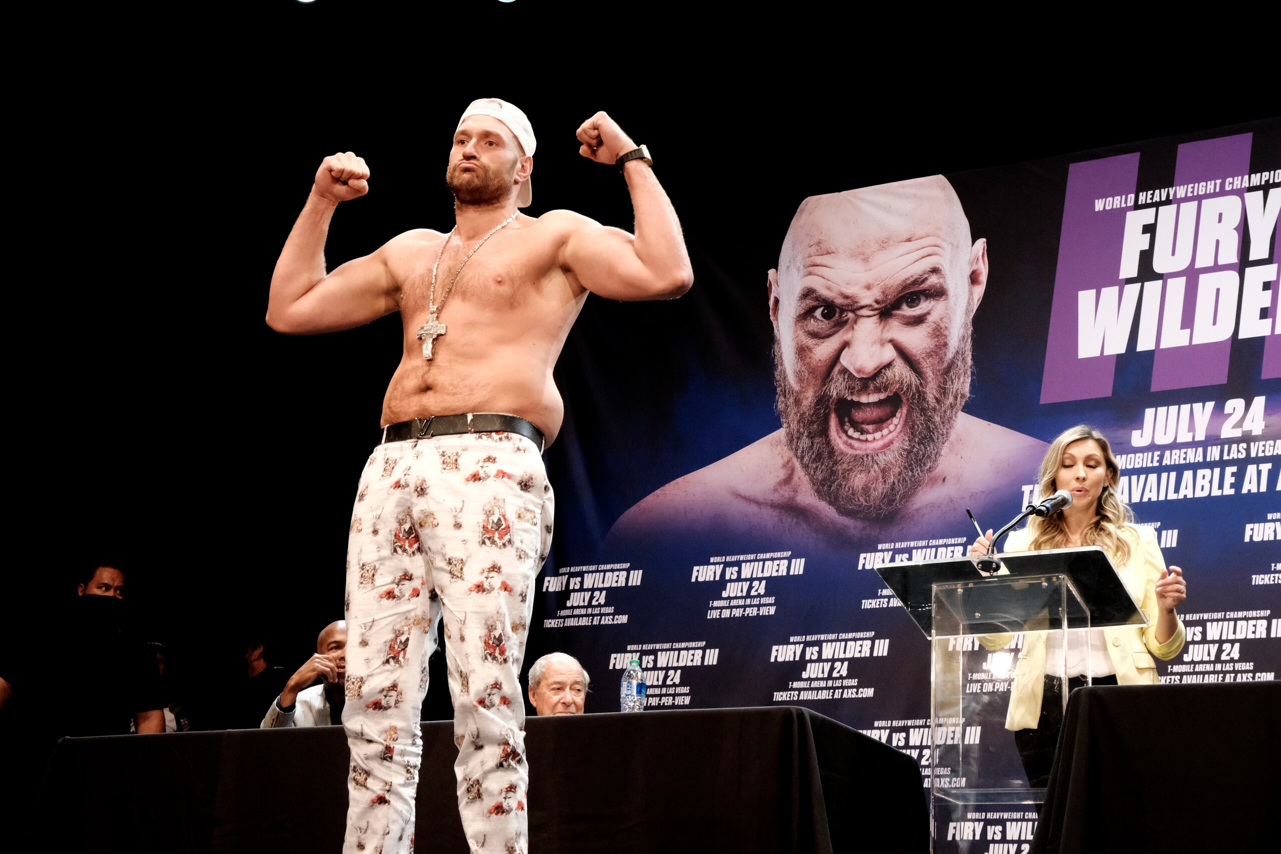 Tyson Fury poses during a news conference with Deontay Wilder in Los Angeles on Tuesday, June 15, 2021. The two are scheduled to fight in a heavyweight boxing bout  July 24 in Las Vegas. (AP Photo/Richard Vogel)