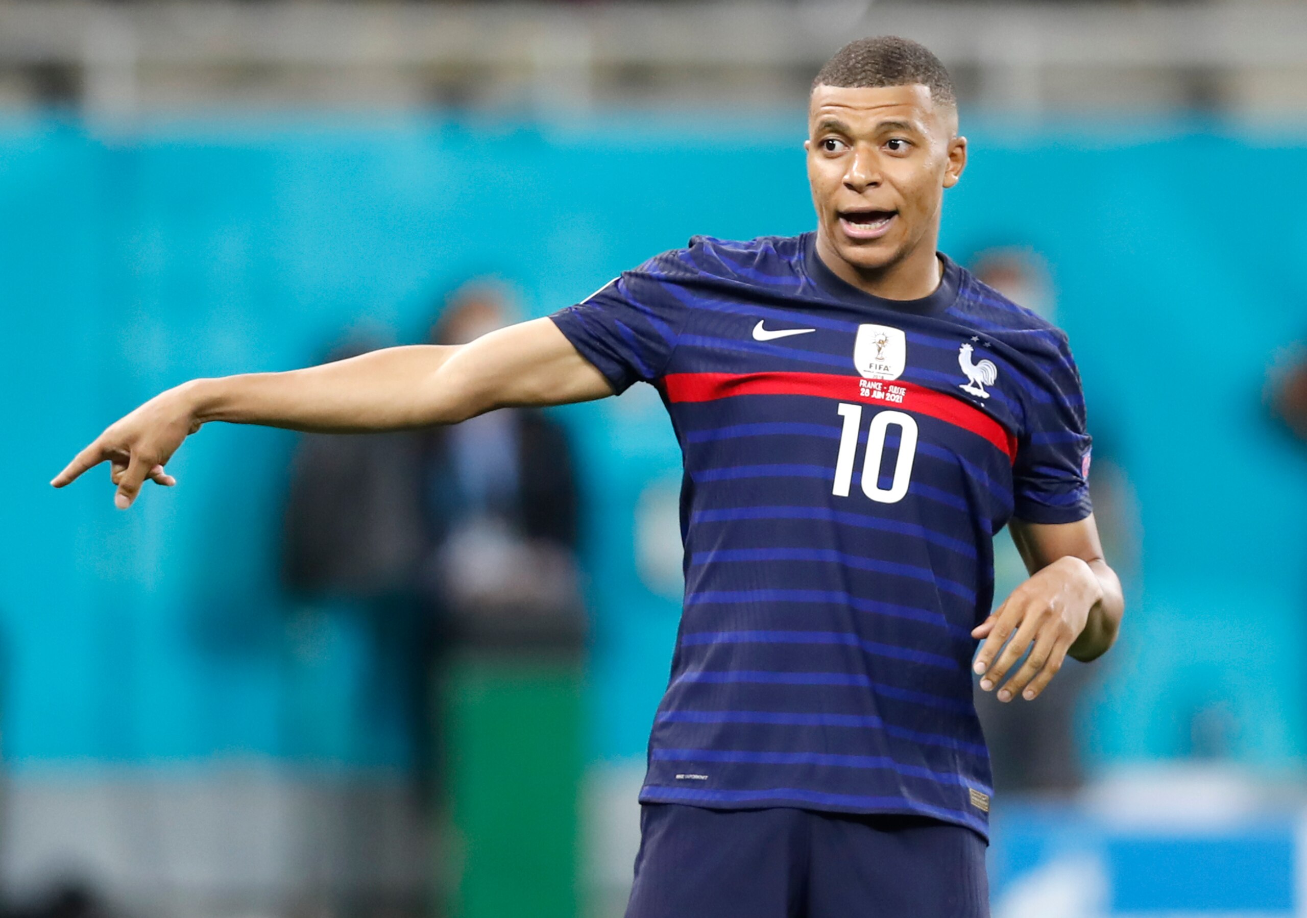 France's Kylian Mbappe reacts after missing a scoring chance the Euro 2020 soccer championship round of 16 match between France and Switzerland at the National Arena stadium in Bucharest, Romania, Tuesday, June 29, 2021. (Robert Ghement/Pool via AP)