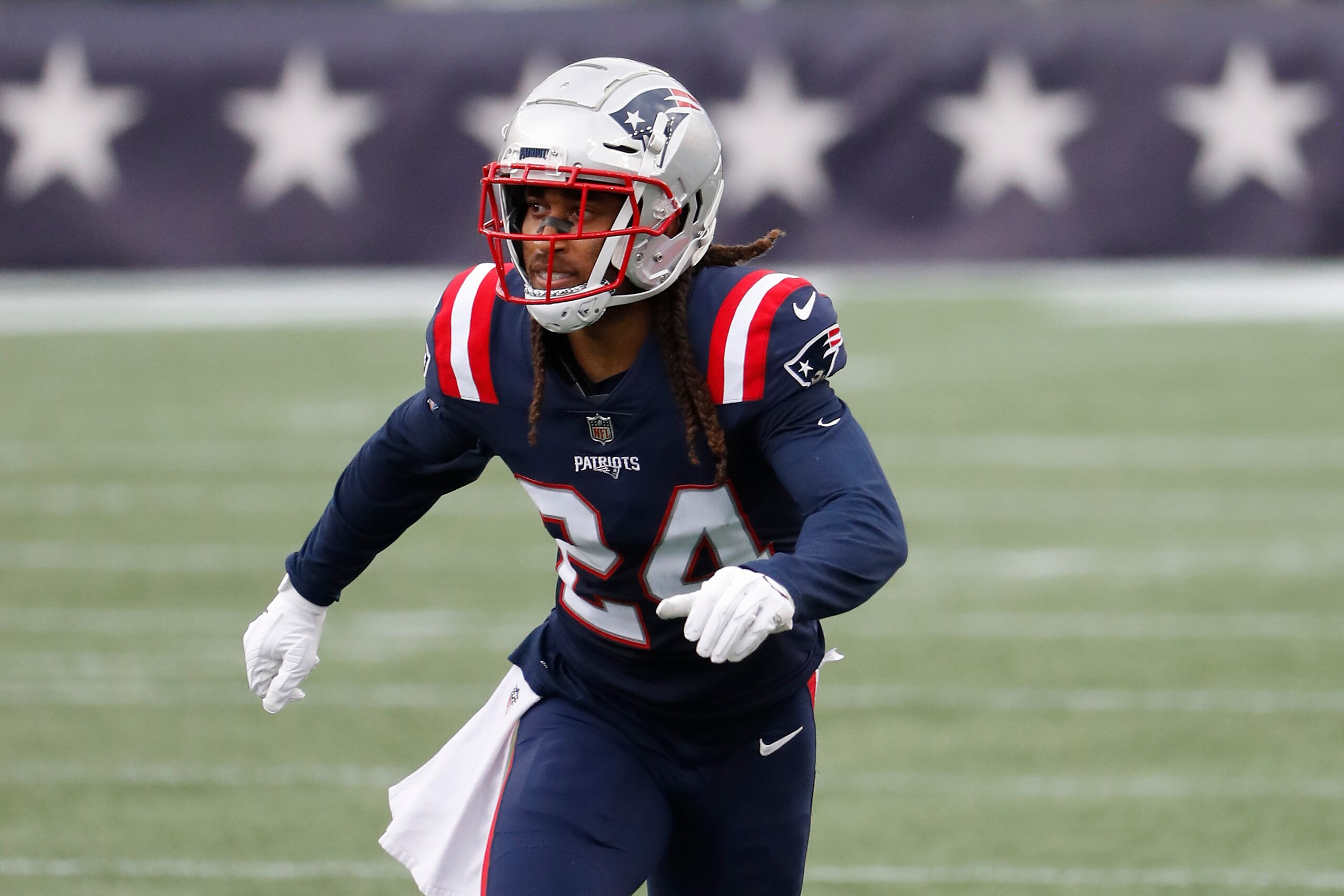 New England Patriots cornerback Stephon Gilmore during an NFL football game against the Las Vegas Raiders at Gillette Stadium, Sunday, Sept. 27, 2020 in Foxborough, Mass. (Winslow Townson/AP Images for Panini)