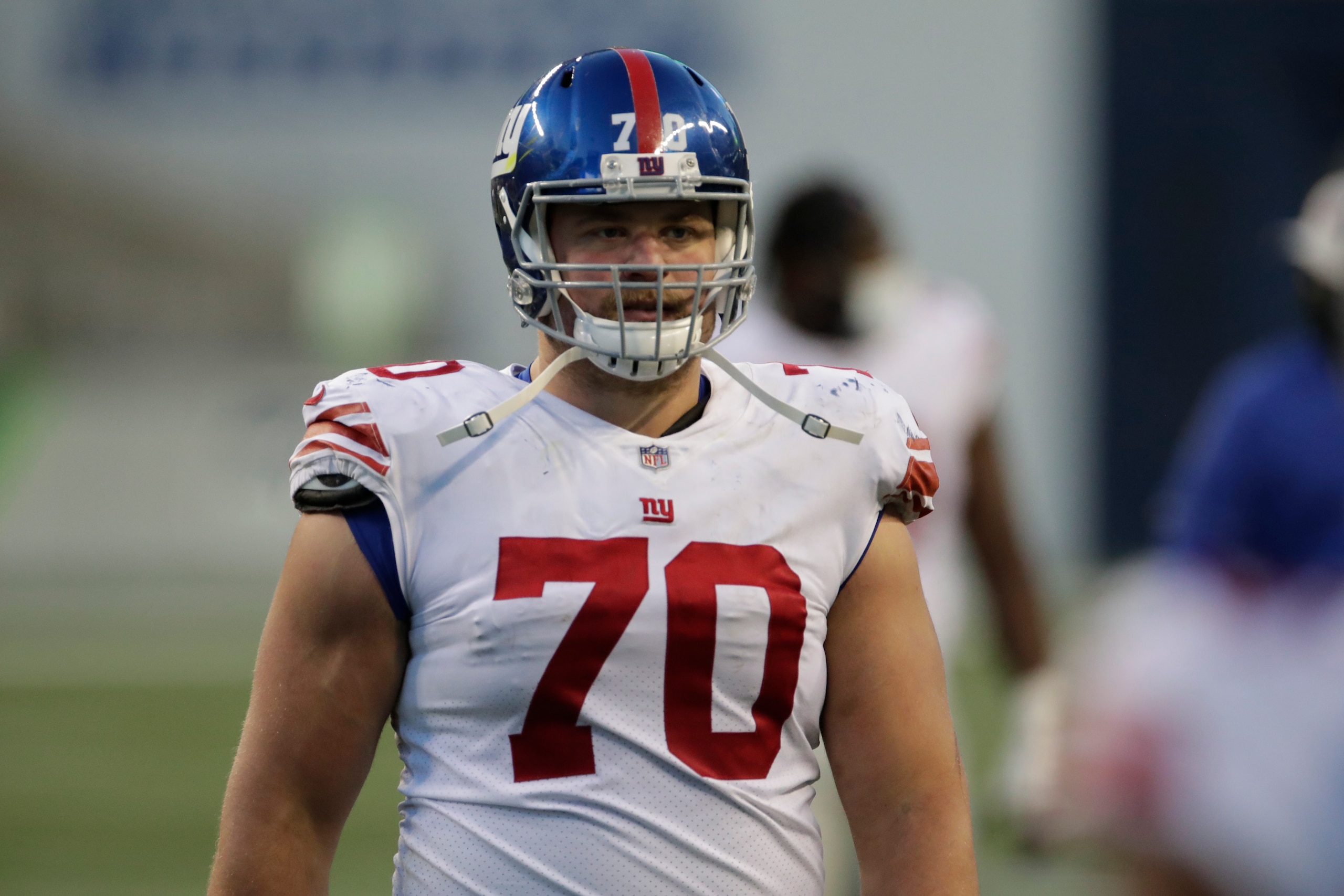 New York Giants offensive guard Kevin Zeitler walks off the field against the Seattle Seahawks in an NFL football game, Sunday, Dec. 6, 2020, in Seattle. (AP Photo/Larry Maurer)