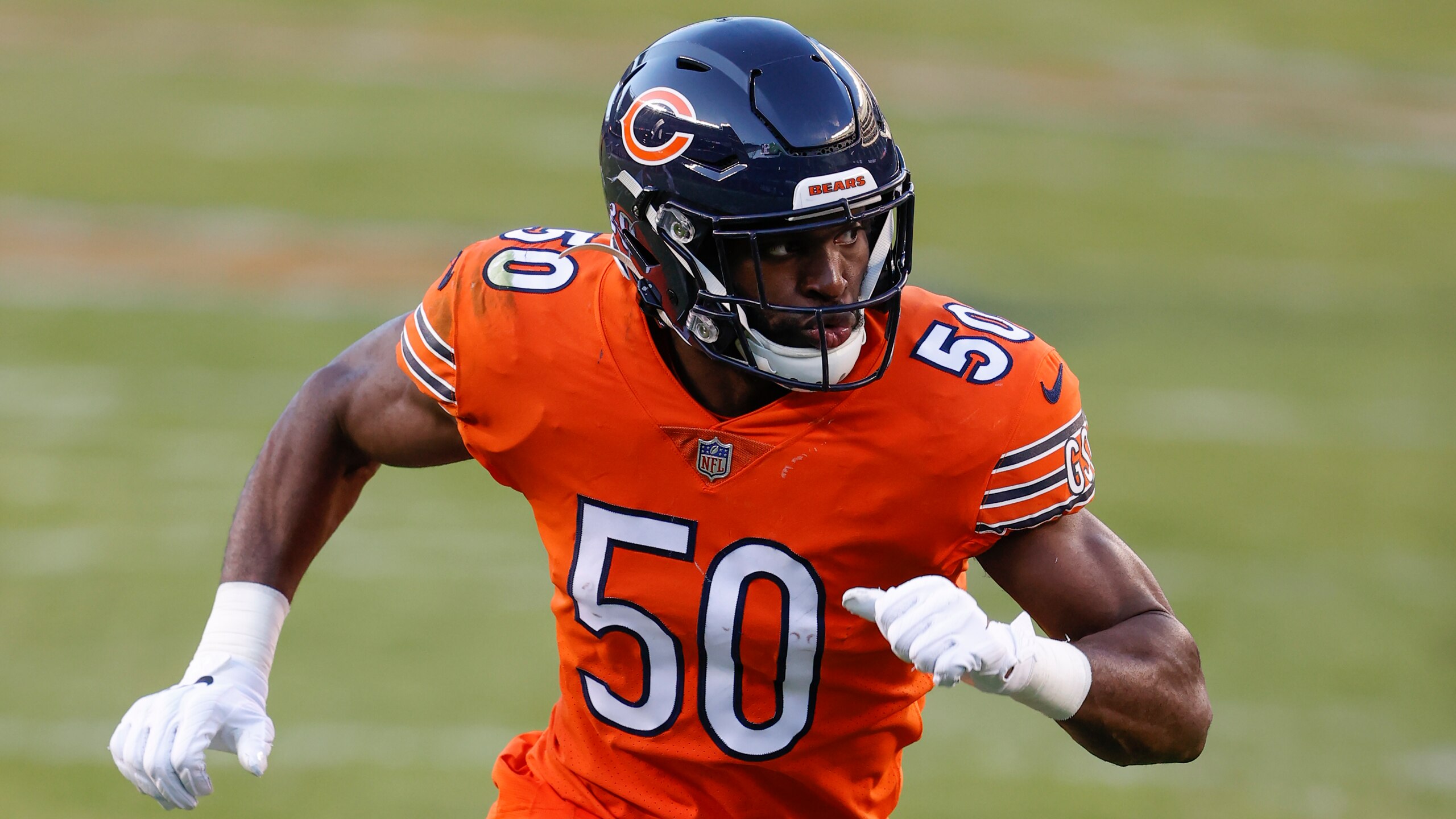 Chicago Bears outside linebacker Barkevious Mingo (50) in action against the Indianapolis Colts during the second half of an NFL football game, Sunday, Oct. 4, 2020, in Chicago. (AP Photo/Kamil Krzaczynski)