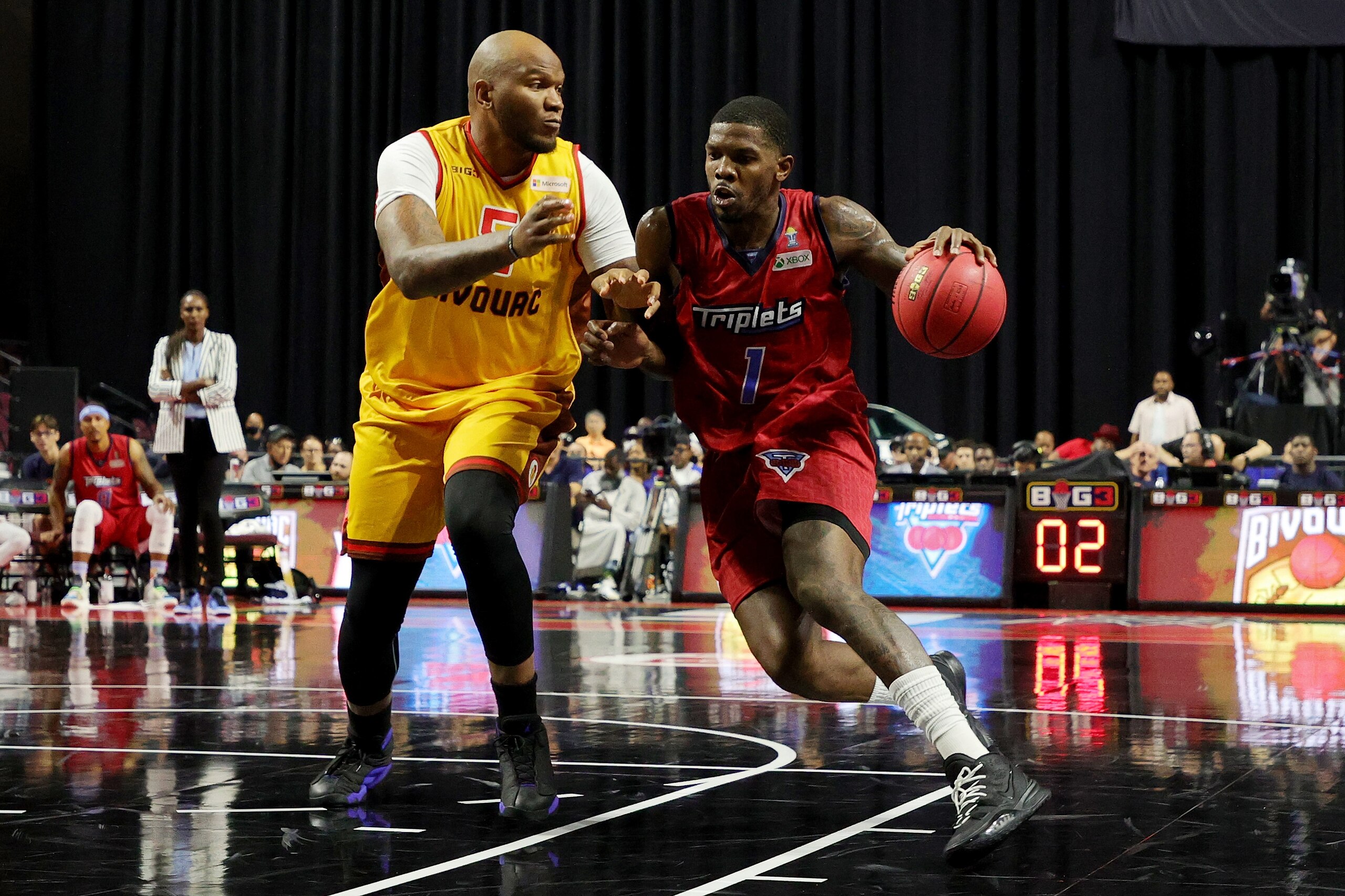 LAS VEGAS, NEVADA - JULY 10: Joe Johnson #1 of the Triplets dribbles the ball while being guarded by Marreese Speights #5 of the Bivouac during BIG3 - Week One at the Orleans Arena on July 10, 2021 in Las Vegas, Nevada. (Photo by Stacy Revere/Getty Images for BIG3)