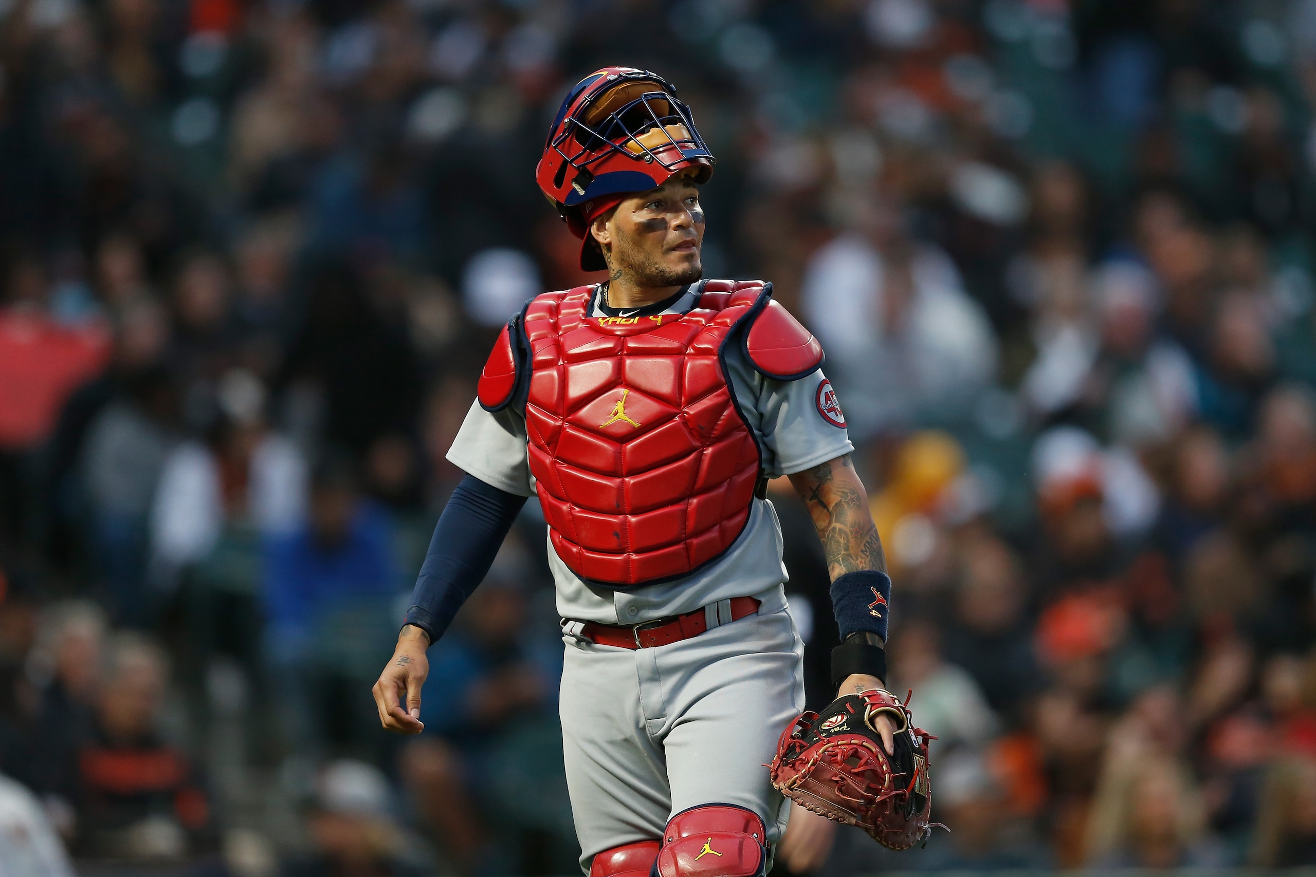SAN FRANCISCO, CALIFORNIA - JULY 06: Catcher Yadier Molina #4 of the St. Louis Cardinals looks on during the game against the San Francisco Giants at Oracle Park on July 06, 2021 in San Francisco, California. (Photo by Lachlan Cunningham/Getty Images)
