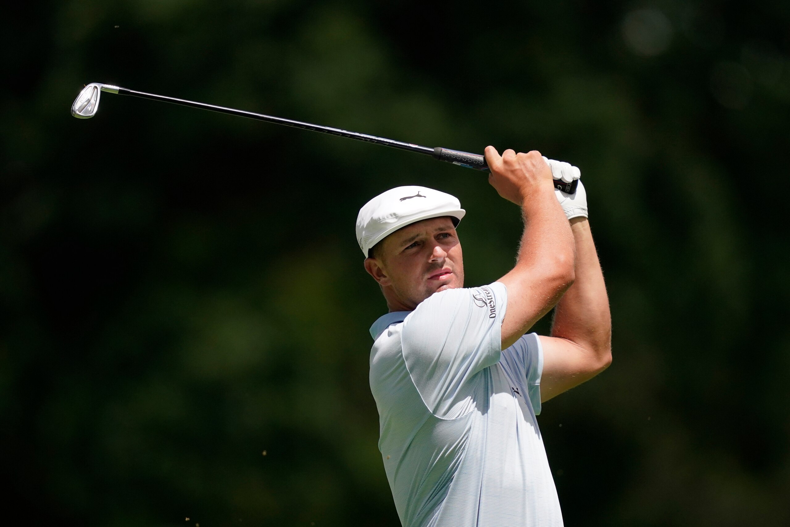 Bryson DeChambeau drives on the ninth tee during the second round of the Rocket Mortgage Classic golf tournament, Friday, July 2, 2021, at the Detroit Golf Club in Detroit. (AP Photo/Carlos Osorio)