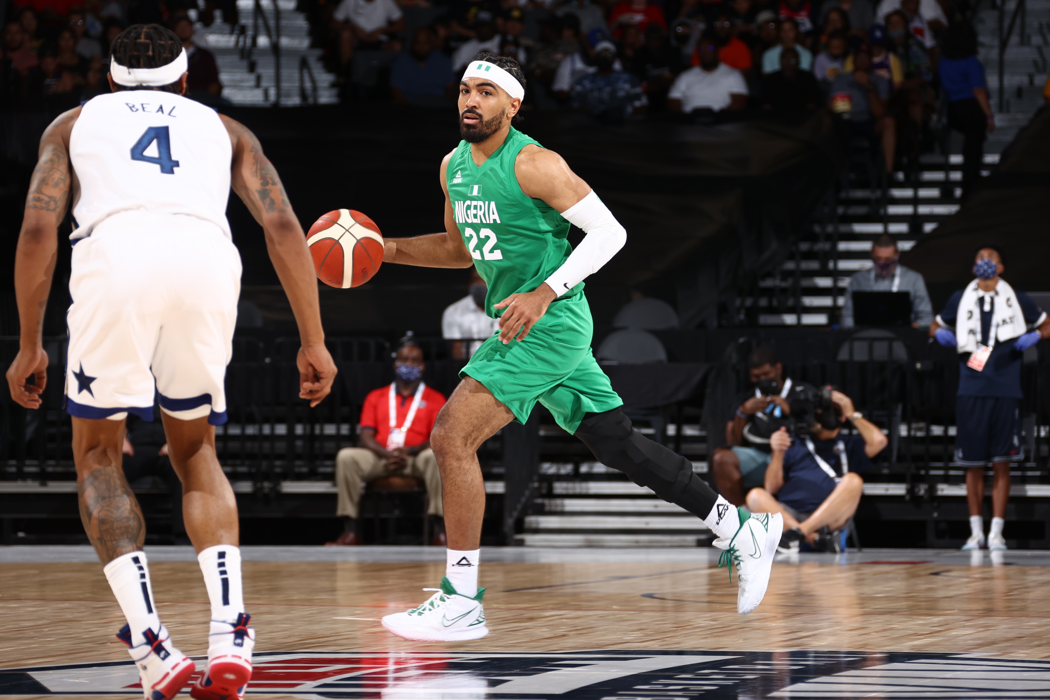 LAS VEGAS, NV - JULY 10: Gabe Vincent #22 of the Nigeria Men's National Team dribbles the ball during the game against the USA Men's National Team on July 10, 2021 at Michelob ULTRA Arena in Las Vegas, Nevada. NOTE TO USER: User expressly acknowledges and agrees that, by downloading and or using this photograph, User is consenting to the terms and conditions of the Getty Images License Agreement. (Photo by Ned Dishman/NBAE via Getty Images)