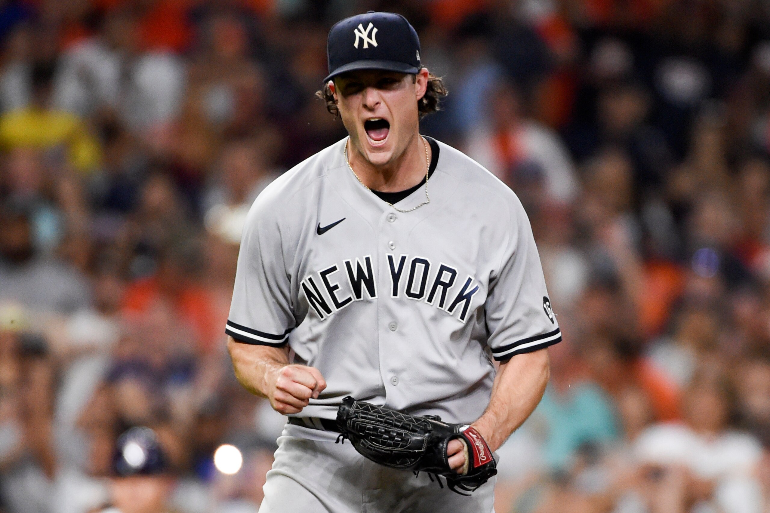 New York Yankees starting pitcher Gerrit Cole reacts after striking out Houston Astros' Yordan Alvarez to end a baseball game, Saturday, July 10, 2021, in Houston. (AP Photo/Eric Christian Smith)