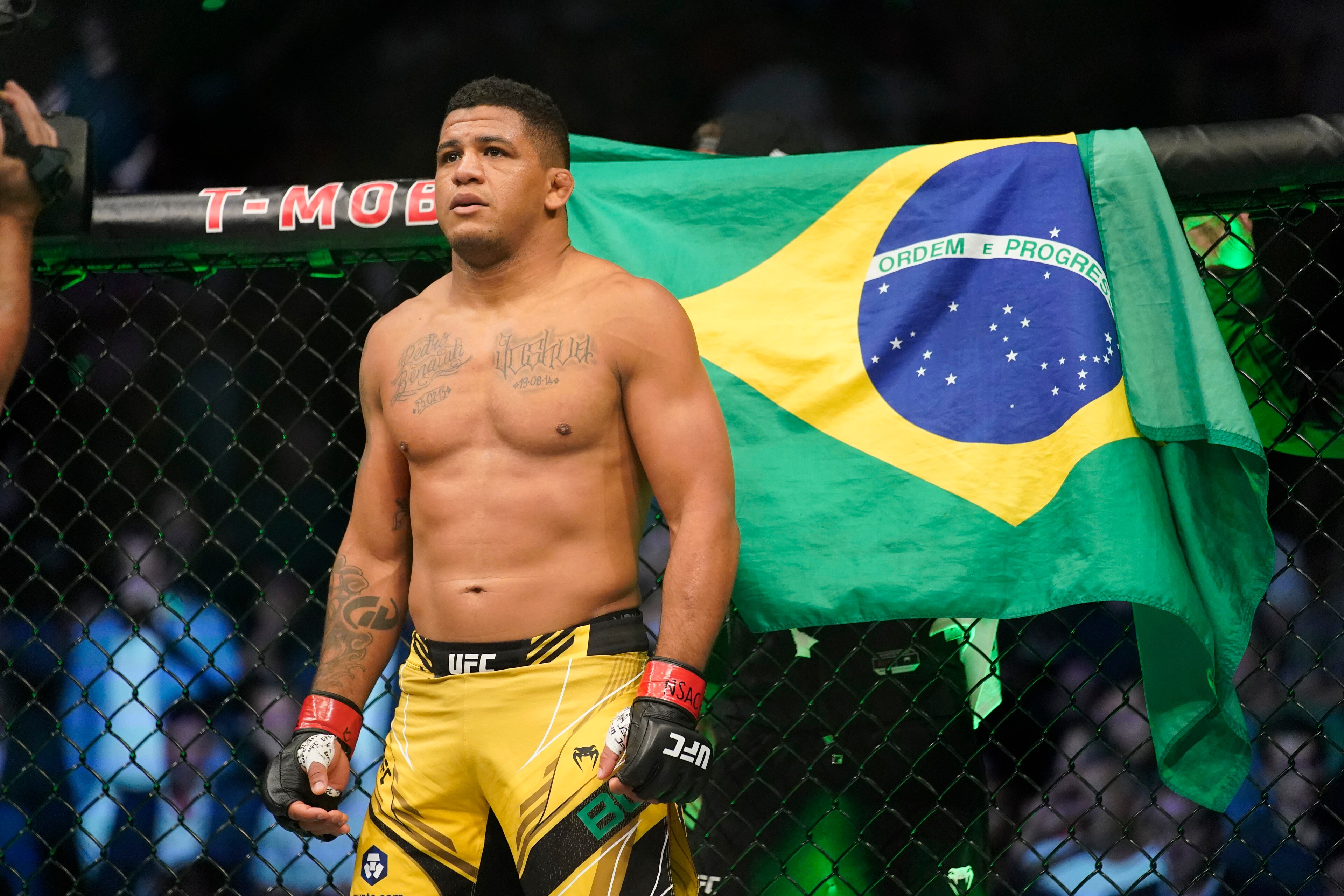 Gilbert Burns prepares to fight Stephen Thompson in a UFC 264 welterweight mixed martial arts bout Saturday, July 10, 2021, in Las Vegas. (AP Photo/John Locher)