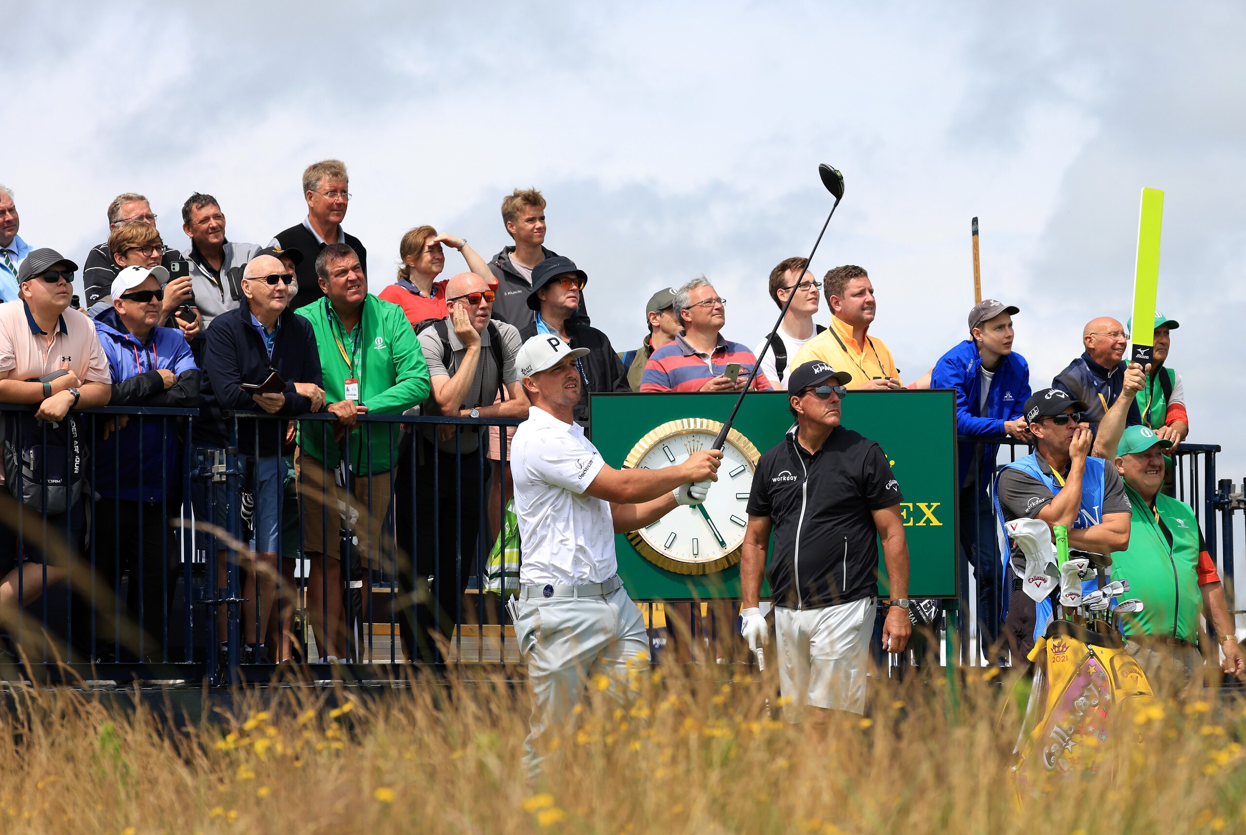 SANDWICH, ENGLAND - JULY 12: Bryson DeChambeau of the United States tees off on the 2nd hole during a practice round ahead of The 149th Open at Royal St George’s Golf Club on July 12, 2021 in Sandwich, England. (Photo by Chris Trotman/Getty Images)