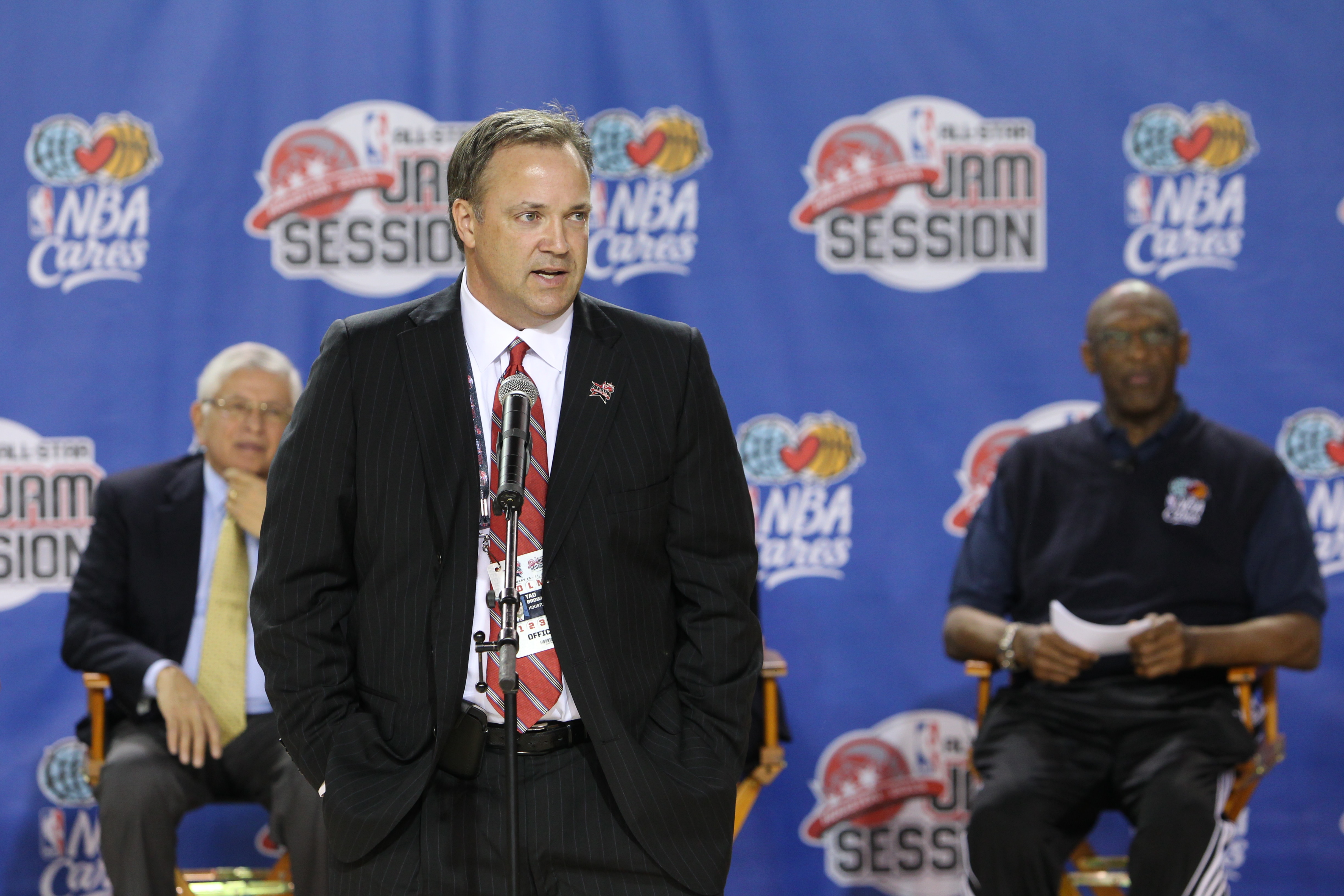HOUSTON, TX - FEBRUARY 14: Houston Rockets Chief Executive Officer Tad Brown greets the crowd during the Opening Ceremony/NBA All-Star FIT Youth Celebration presented by Exxon Mobile on Center Court during the 2013 NBA Jam Session on February 14, 2013 at the George R. Brown Convention Center in Houston, Texas. NOTE TO USER: User expressly acknowledges and agrees that, by downloading and or using this photograph, User is consenting to the terms and conditions of the Getty Images License Agreement. Mandatory Copyright Notice: Copyright 2013 NBAE (Photo by Joe Murphy/NBAE via Getty Images)