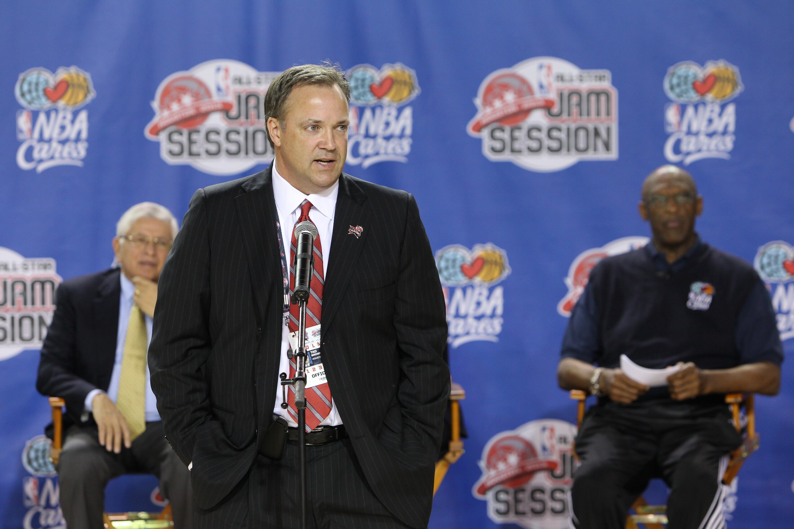 HOUSTON, TX - FEBRUARY 14: Houston Rockets Chief Executive Officer Tad Brown greets the crowd during the Opening Ceremony/NBA All-Star FIT Youth Celebration presented by Exxon Mobile on Center Court during the 2013 NBA Jam Session on February 14, 2013 at the George R. Brown Convention Center in Houston, Texas. NOTE TO USER: User expressly acknowledges and agrees that, by downloading and or using this photograph, User is consenting to the terms and conditions of the Getty Images License Agreement. Mandatory Copyright Notice: Copyright 2013 NBAE (Photo by Joe Murphy/NBAE via Getty Images)