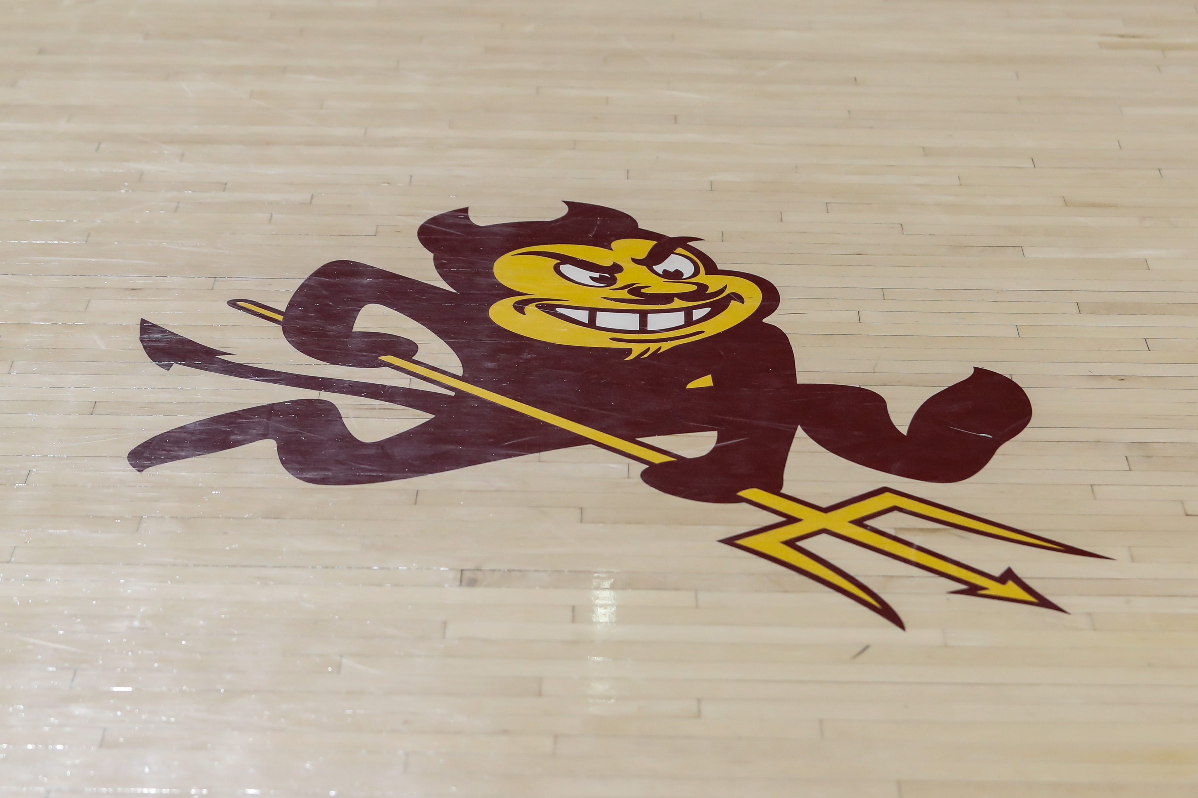 TEMPE, AZ - FEBRUARY 08:  The Arizona State Sun Devils logo sparky on the court before the college basketball game between the USC Trojans and the Arizona State Sun Devils on February 8, 2020 at Desert Financial Arena in Tempe, Arizona. (Photo by Kevin Abele/Icon Sportswire via Getty Images)