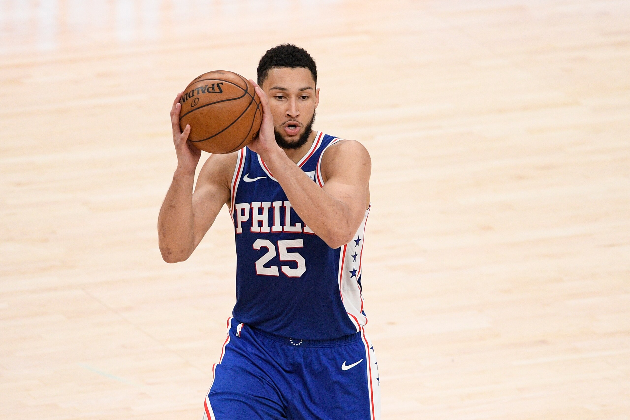 Philadelphia 76ers guard Ben Simmons (25) in action during the second half of Game 3 in a first-round NBA basketball playoff series against the Washington Wizards, Saturday, May 29, 2021, in Washington. (AP Photo/Nick Wass) Philadelphia 76ers guard Ben Simmons (25) in action during the second half of Game 3 in a first-round NBA basketball playoff series against the Washington Wizards, Saturday, May 29, 2021, in Washington. (AP Photo/Nick Wass)