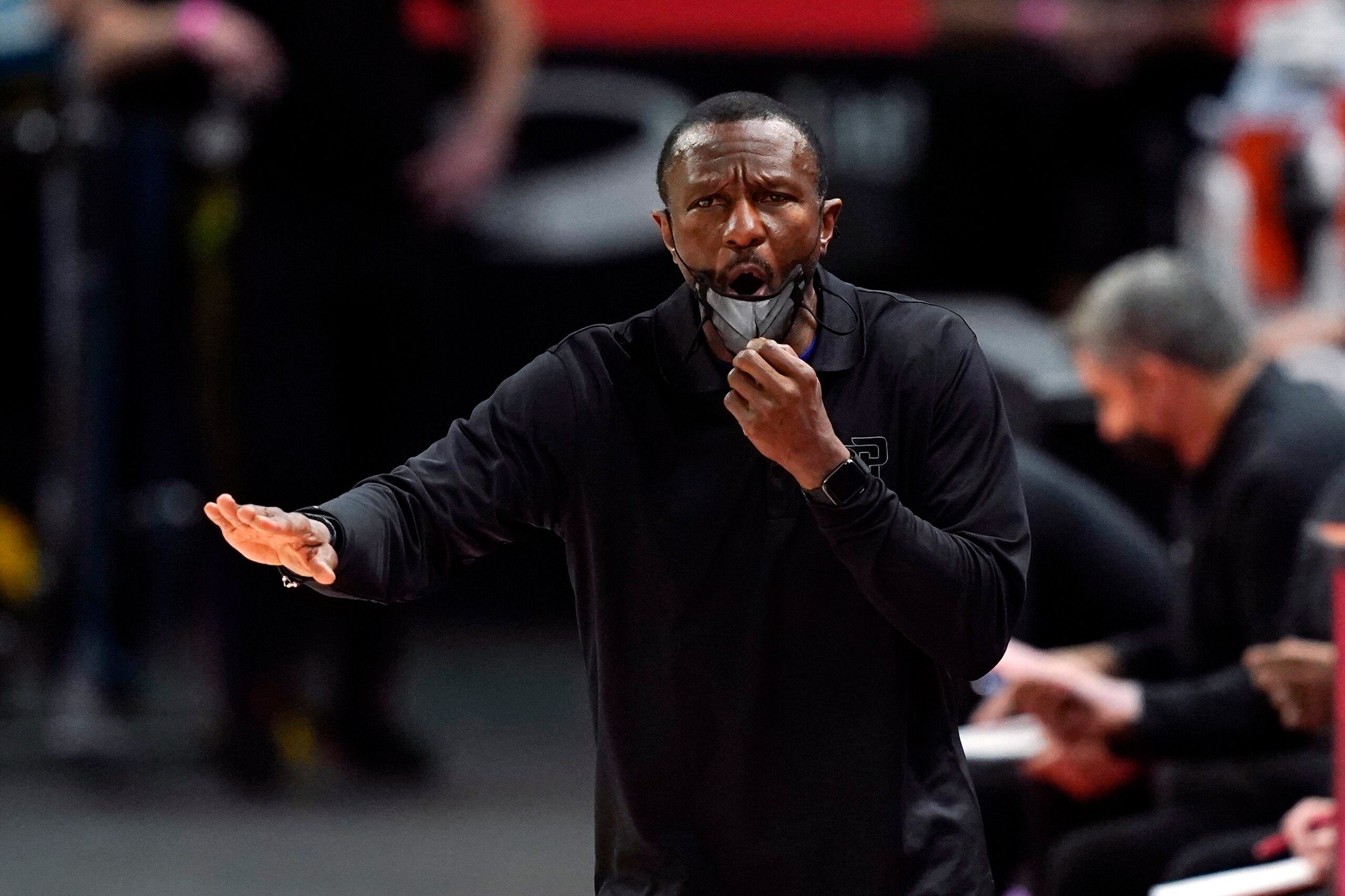 Detroit Pistons head coach Dwane Casey yells from the sideline during the first half of an NBA basketball game against the Minnesota Timberwolves, Tuesday, May 11, 2021, in Detroit. (AP Photo/Carlos Osorio)