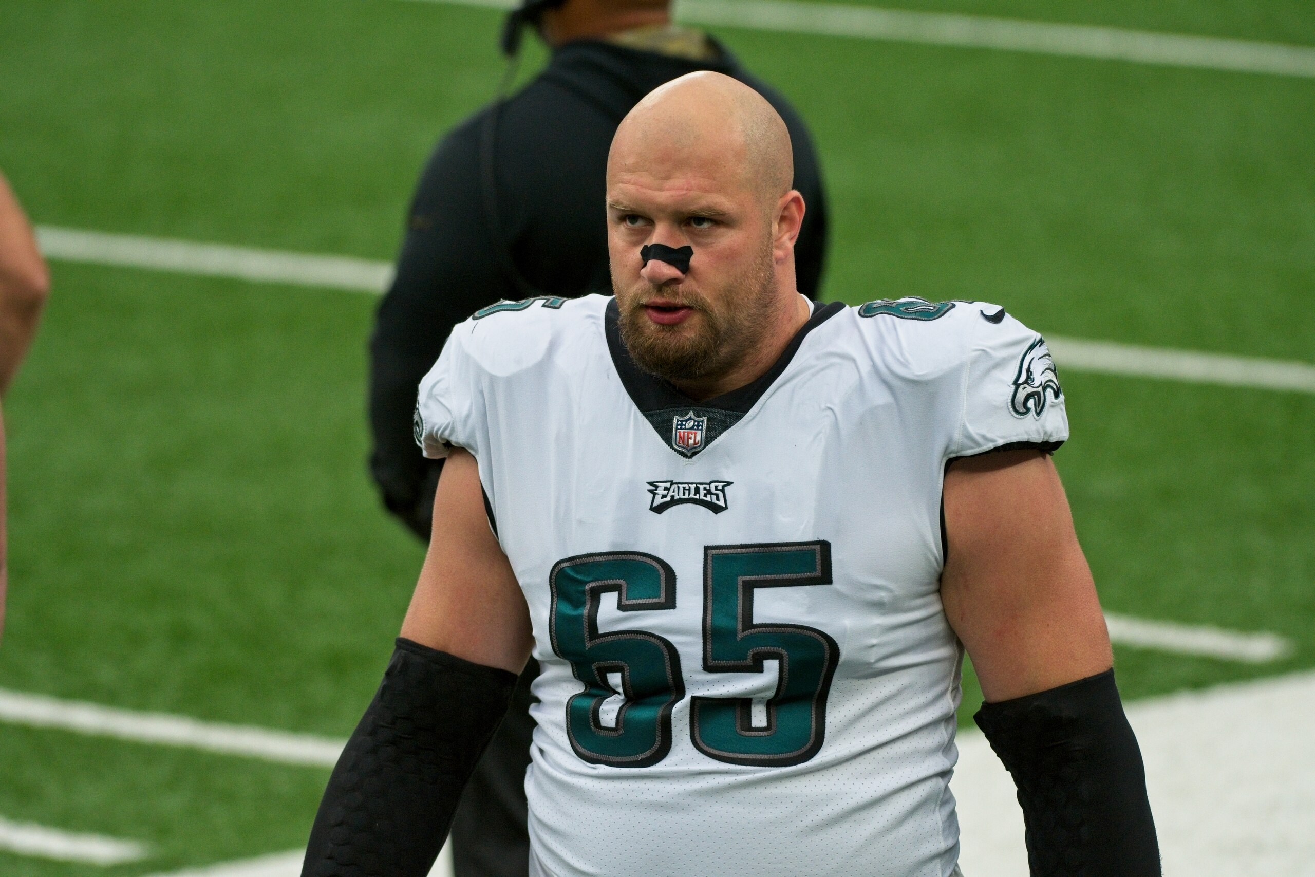 EAST RUTHERFORD, NJ - NOVEMBER 15: Philadelphia Eagles offensive tackle Lane Johnson (65) looks on during the game between the Philadelphia Eagles and the New York Giants on November 15, 2020 at MetLife Stadium in East Rutherford, NJ. (Photo by Andy Lewis/Icon Sportswire via Getty Images)