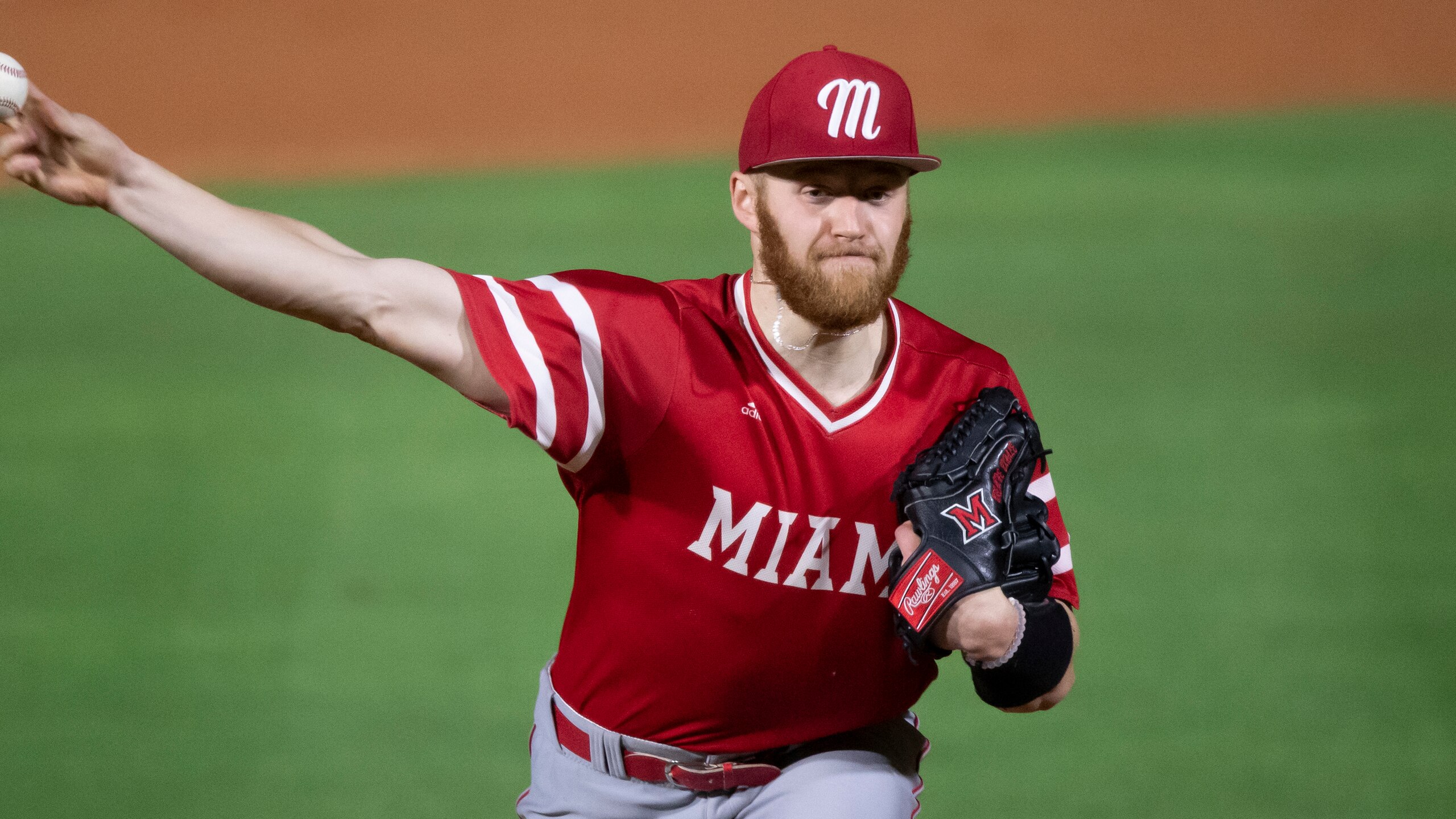 Miami (Oh) pitcher Sam Bachman throws against Florida International during an NCAA baseball game on Friday, Feb 26, 2021 in Miami. (AP Photo/Doug Murray)