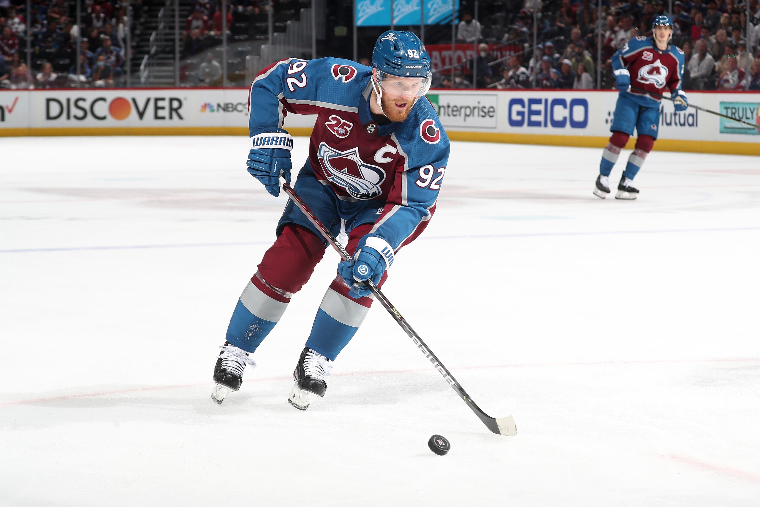 DENVER, COLORADO - JUNE 08: Gabriel Landeskog #92 of the Colorado Avalanche skates against the Vegas Golden Knights in Game Five of the Second Round of the 2021 Stanley Cup Playoffs at Ball Arena on June 08, 2021 in Denver, Colorado. (Photo by Michael Martin/NHLI via Getty Images)