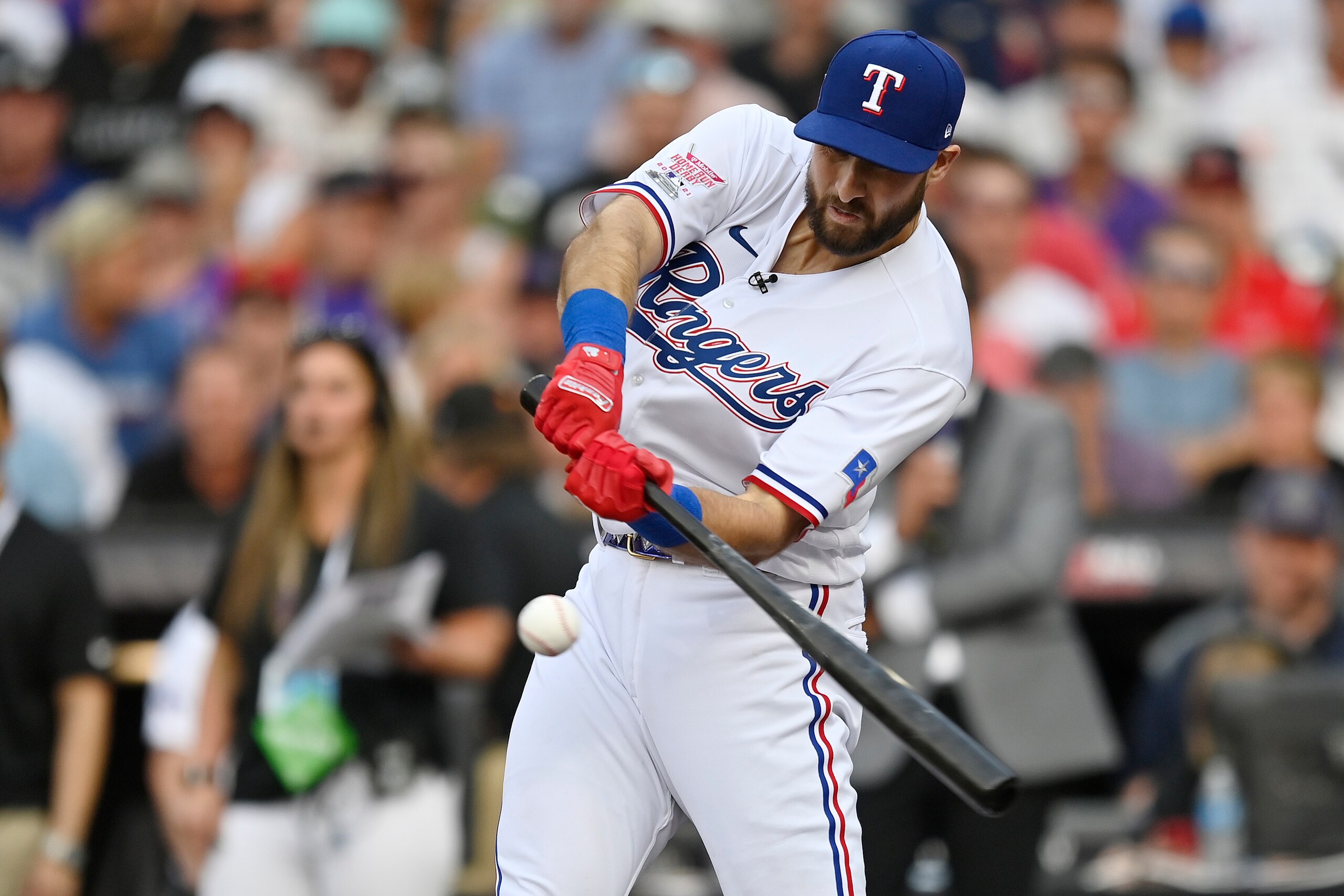DENVER, COLORADO - JULY 12: Joey Gallo #13 of the Texas Rangers bats during the 2021 T-Mobile Home Run Derby at Coors Field on July 12, 2021 in Denver, Colorado. (Photo by Dustin Bradford/Getty Images)
