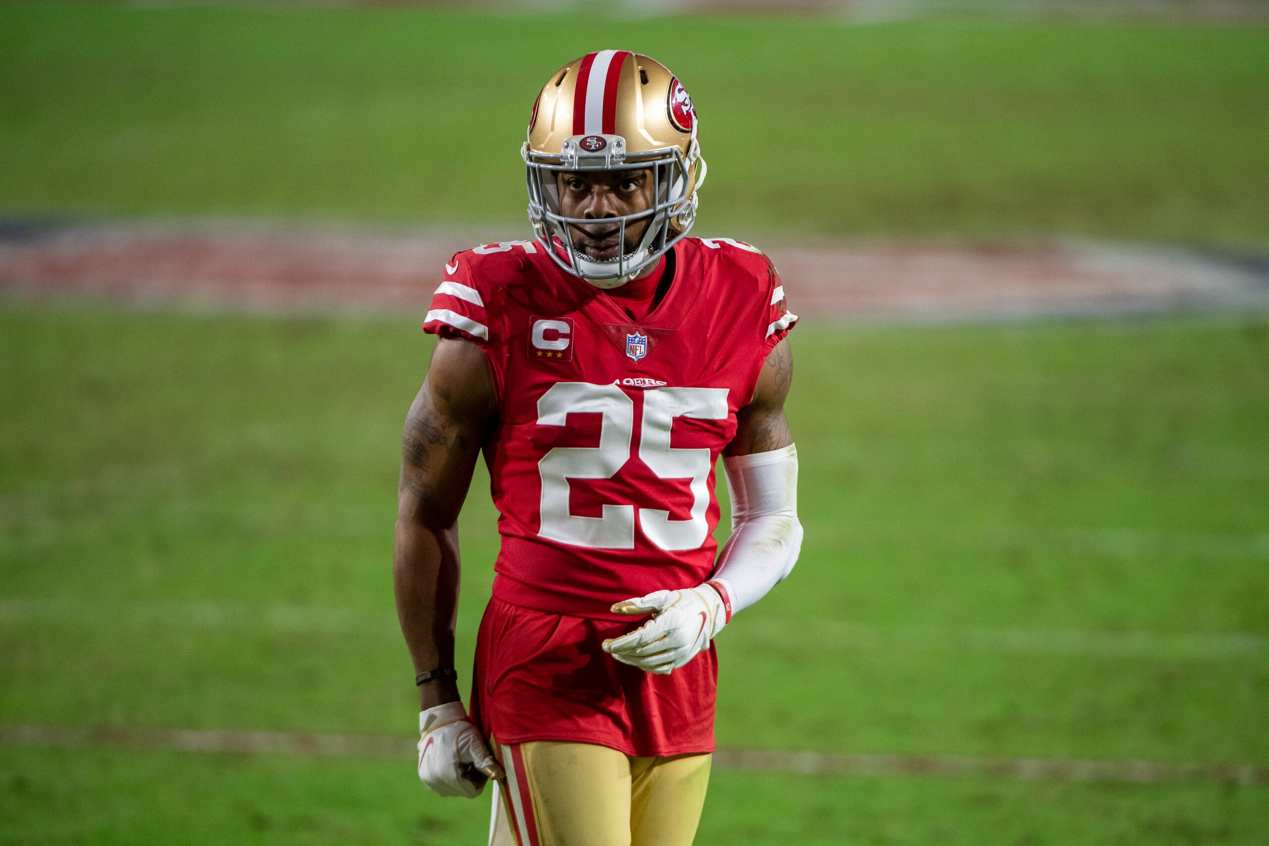 San Francisco 49ers cornerback Richard Sherman (25) looks on during an NFL football game against the Washington Football Team, Sunday, Dec. 13, 2020, in Glendale, Ariz. (AP Photo/Jennifer Stewart) San Francisco 49ers cornerback Richard Sherman (25) looks on during an NFL football game against the Washington Football Team, Sunday, Dec. 13, 2020, in Glendale, Ariz. (AP Photo/Jennifer Stewart)