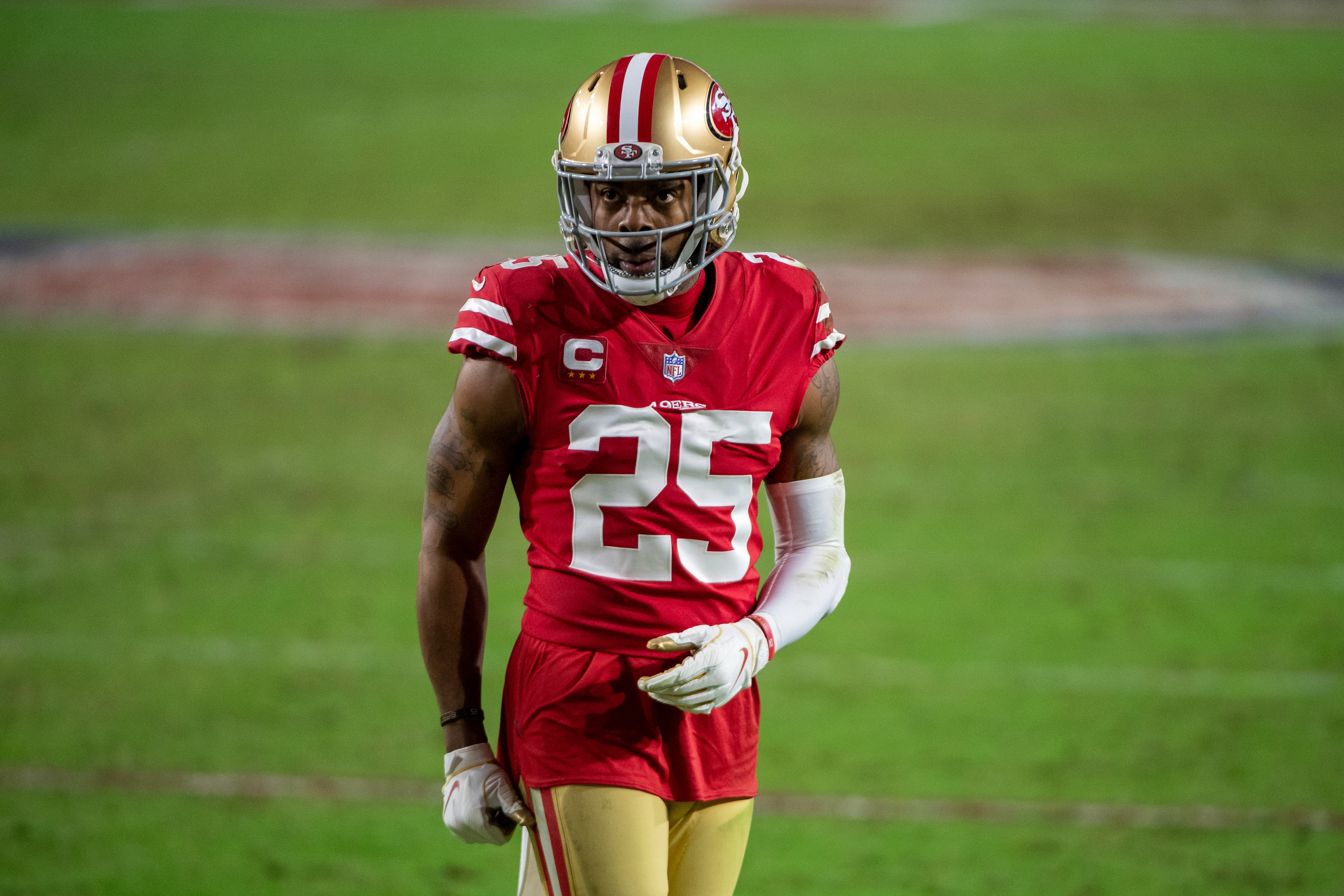 San Francisco 49ers cornerback Richard Sherman (25) looks on during an NFL football game against the Washington Football Team, Sunday, Dec. 13, 2020, in Glendale, Ariz. (AP Photo/Jennifer Stewart) San Francisco 49ers cornerback Richard Sherman (25) looks on during an NFL football game against the Washington Football Team, Sunday, Dec. 13, 2020, in Glendale, Ariz. (AP Photo/Jennifer Stewart)