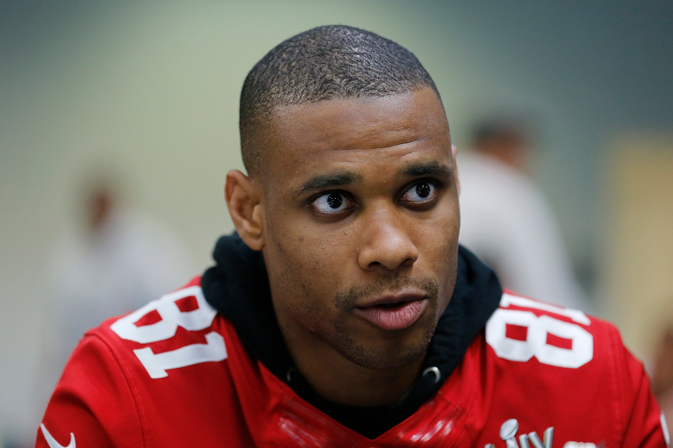 MIAMI, FLORIDA - JANUARY 30:  Jordan Matthews #81 of the San Francisco 49ers speaks to the media during the San Francisco 49ers media availability prior to Super Bowl LIV at the James L. Knight Center on January 30, 2020 in Miami, Florida. (Photo by Michael Reaves/Getty Images)