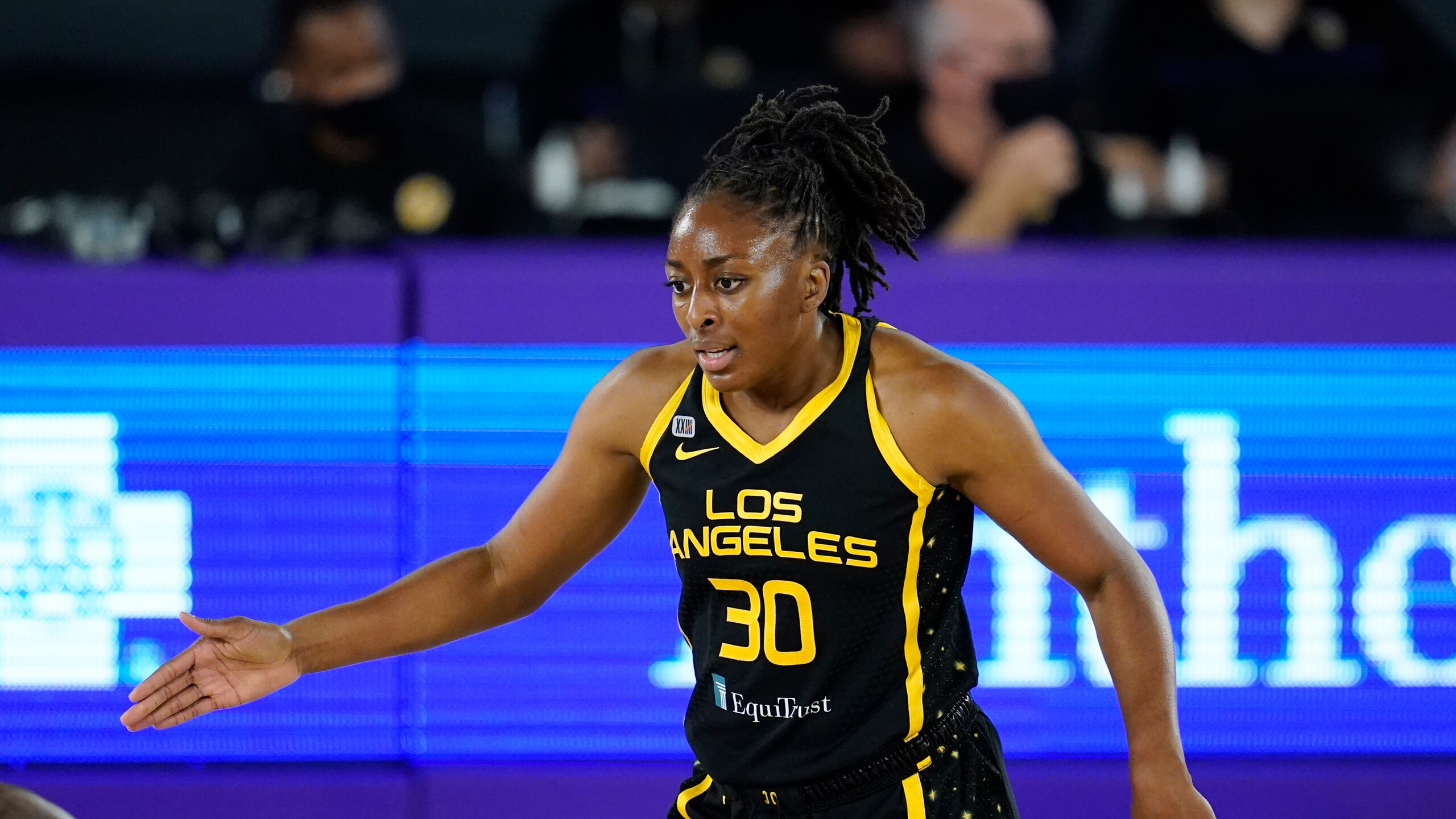 Los Angeles Sparks forward Nneka Ogwumike (30) talks to her teammates during a WNBA basketball game against the Dallas Wings Friday, May 14, 2021, in Los Angeles. (AP Photo/Ashley Landis)