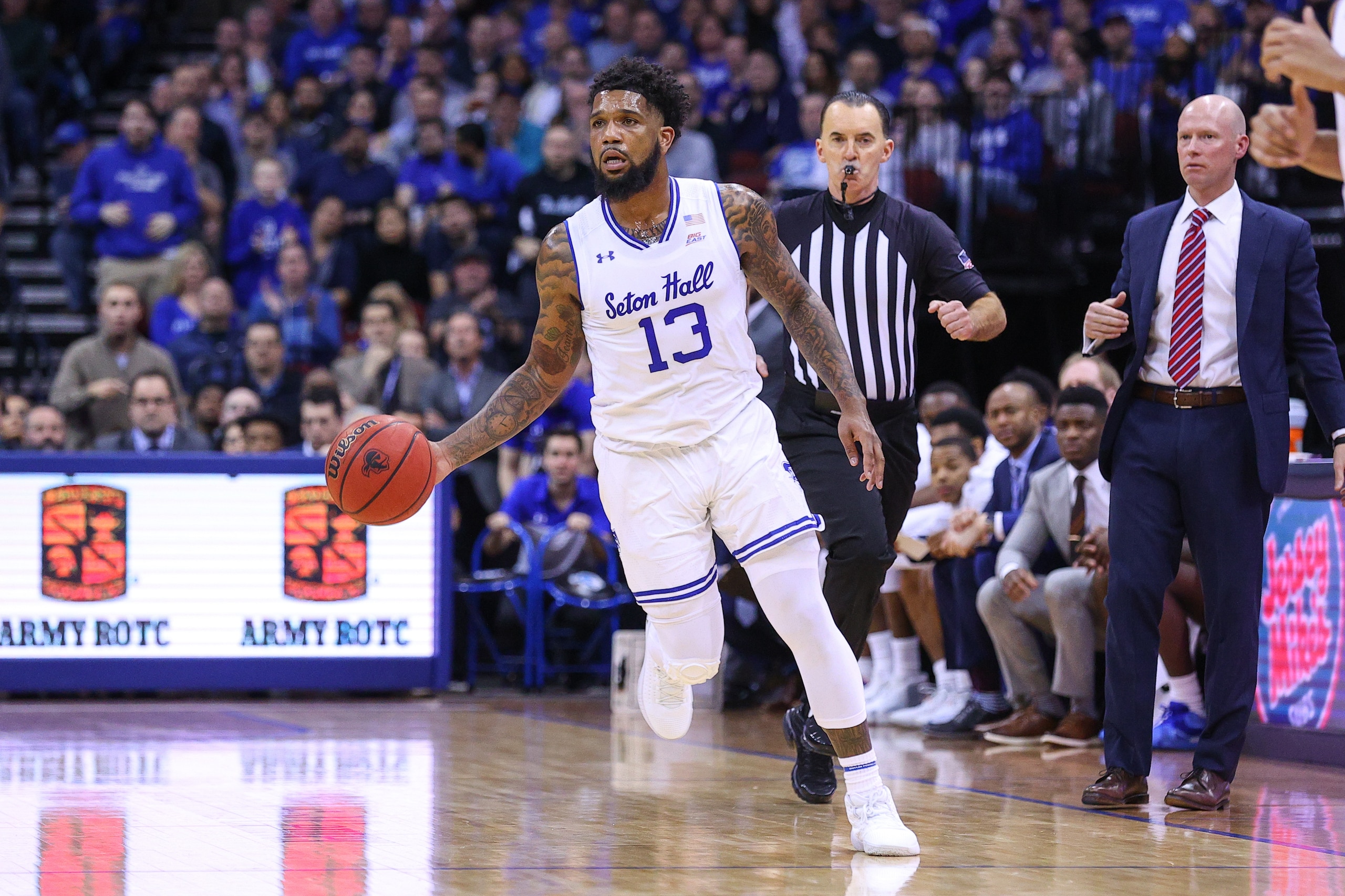 NEWARK, NJ - MARCH 04:  Seton Hall Pirates guard Myles Powell (13) during the first half of the college basketball game between the Seton Hall Pirates and the Villanova Wildcats on March 4, 2020 at the Prudential Center in Newark, NJ.  (Photo by Rich Graessle/Icon Sportswire via Getty Images)