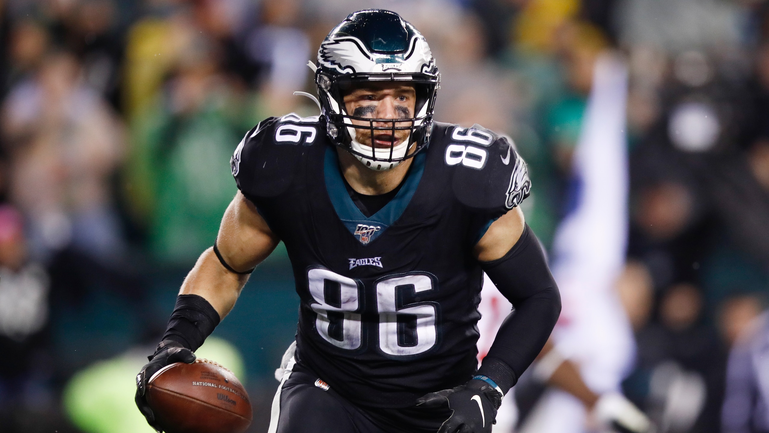 Philadelphia Eagles tight end Zach Ertz in action during an NFL football game against the New York Giants, Monday, Dec. 9, 2019, in Philadelphia. (AP Photo/Matt Rourke)