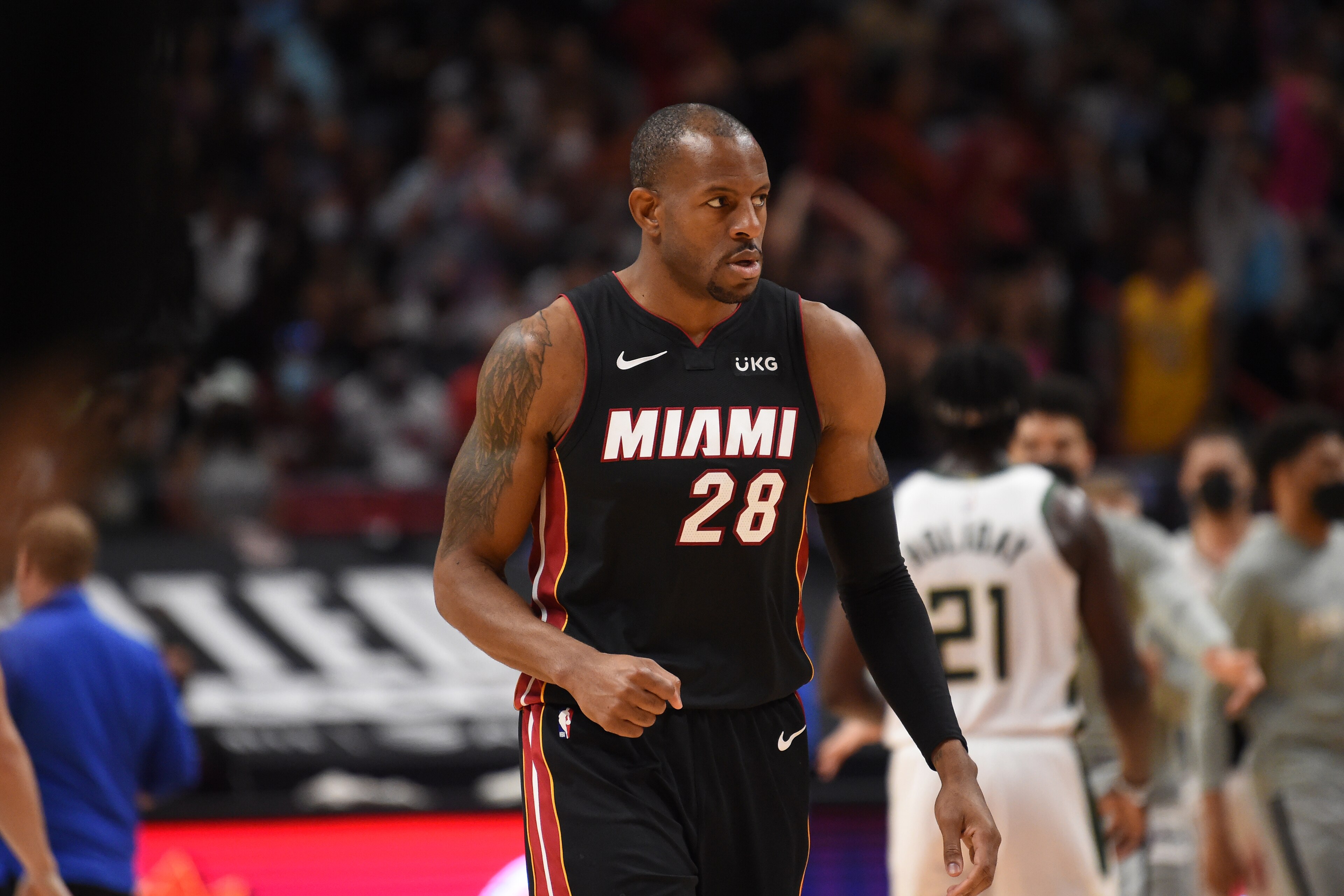 MIAMI, FL - MAY 29: Andre Iguodala #28 of the Miami Heat looks on during Round One Game Four of the Eastern Conference Playoffs on May 29, 2021 at AmericanAirlines Arena in Miami, Florida. NOTE TO USER: User expressly acknowledges and agrees that, by downloading and/or using this Photograph, user is consenting to the terms and conditions of the Getty Images License Agreement. Mandatory Copyright Notice: Copyright 2021 NBAE (Photo by David Dow/NBAE via Getty Images) MIAMI, FL - MAY 29: Andre Iguodala #28 of the Miami Heat looks on during Round One Game Four of the Eastern Conference Playoffs on May 29, 2021 at AmericanAirlines Arena in Miami, Florida. NOTE TO USER: User expressly acknowledges and agrees that, by downloading and/or using this Photograph, user is consenting to the terms and conditions of the Getty Images License Agreement. Mandatory Copyright Notice: Copyright 2021 NBAE (Photo by David Dow/NBAE via Getty Images)