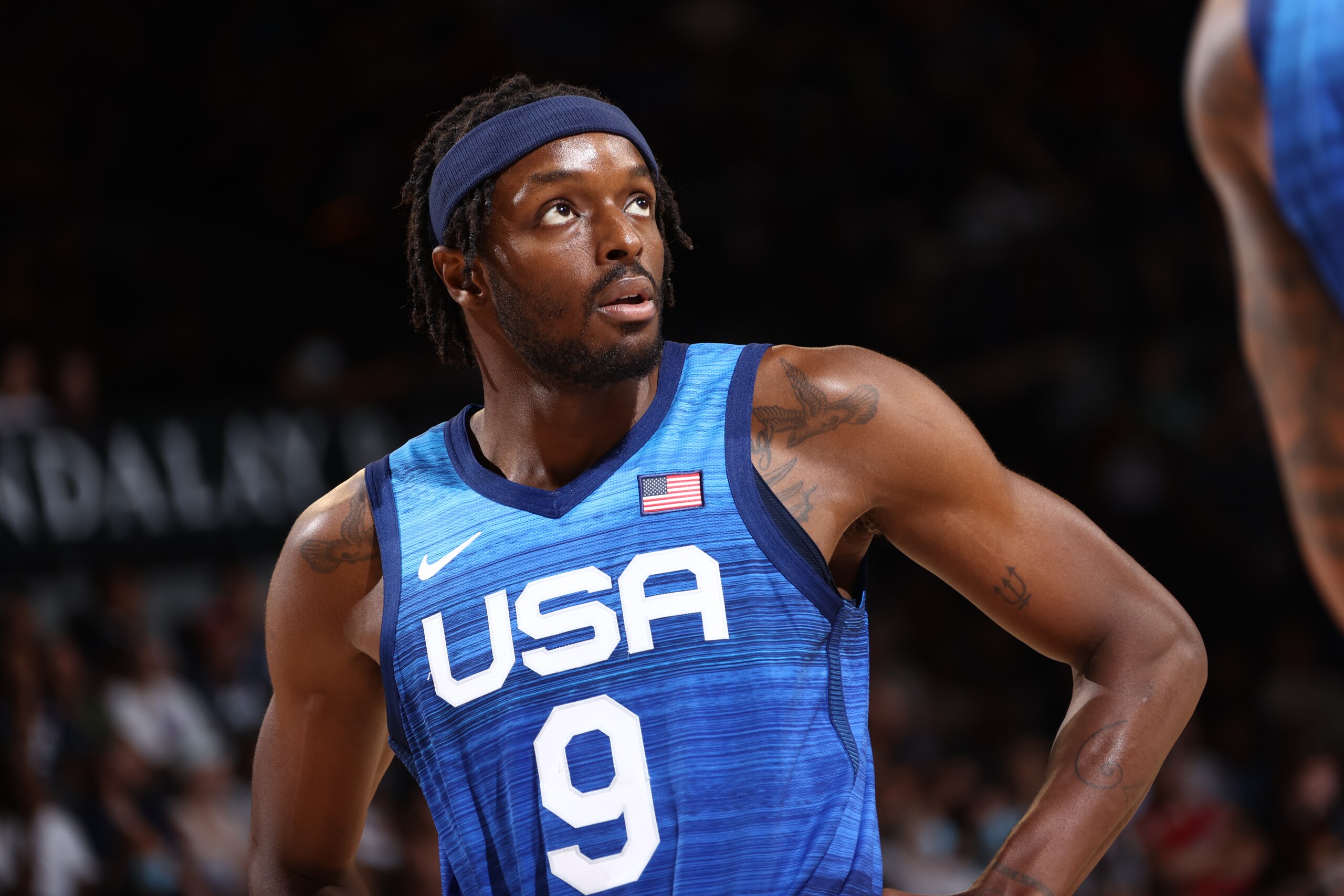 LAS VEGAS, NV - JULY 13: Jerami Grant #9 of the USA Men's National Team looks on during the game against the Argentina Men's National Team on July 13, 2021 at Michelob ULTRA Arena in Las Vegas, Nevada. NOTE TO USER: User expressly acknowledges and agrees that, by downloading and or using this photograph, User is consenting to the terms and conditions of the Getty Images License Agreement. (Photo by Ned Dishman/NBAE via Getty Images)