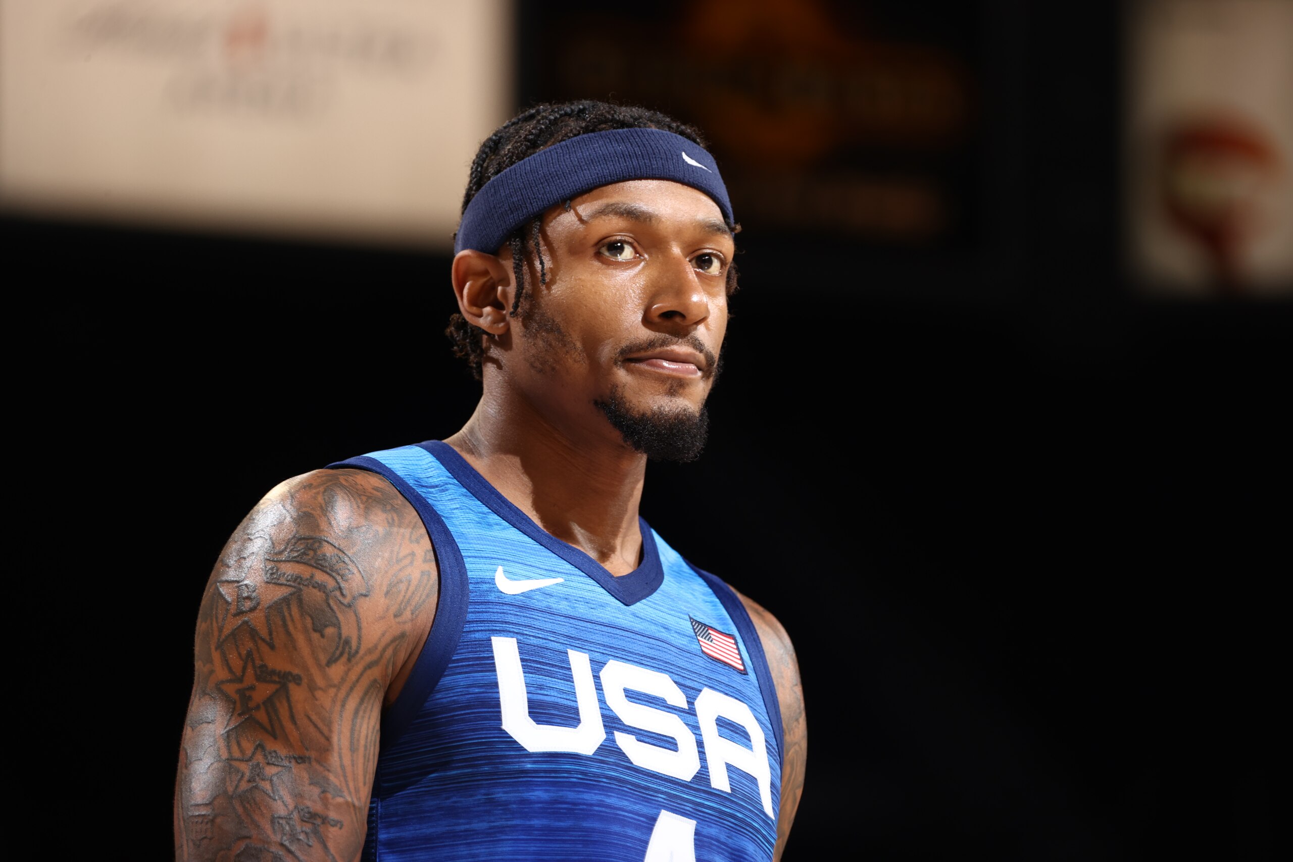 LAS VEGAS, NV - JULY 13: Bradley Beal #4 of the USA Men's National Team looks on during the game against the Argentina Men's National Team on July 13, 2021 at Michelob ULTRA Arena in Las Vegas, Nevada. NOTE TO USER: User expressly acknowledges and agrees that, by downloading and or using this photograph, User is consenting to the terms and conditions of the Getty Images License Agreement. (Photo by Ned Dishman/NBAE via Getty Images)