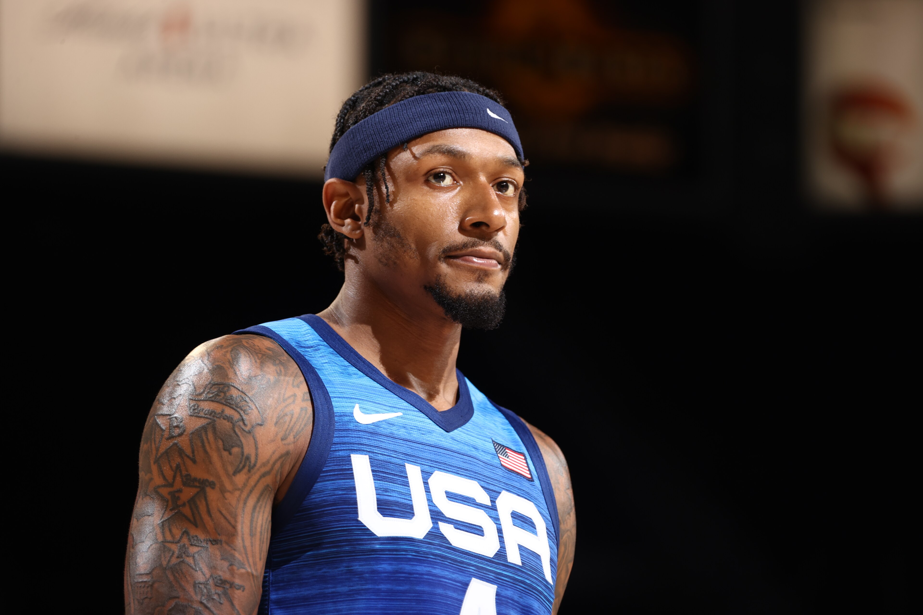 LAS VEGAS, NV - JULY 13: Bradley Beal #4 of the USA Men's National Team looks on during the game against the Argentina Men's National Team on July 13, 2021 at Michelob ULTRA Arena in Las Vegas, Nevada. NOTE TO USER: User expressly acknowledges and agrees that, by downloading and or using this photograph, User is consenting to the terms and conditions of the Getty Images License Agreement. (Photo by Ned Dishman/NBAE via Getty Images)