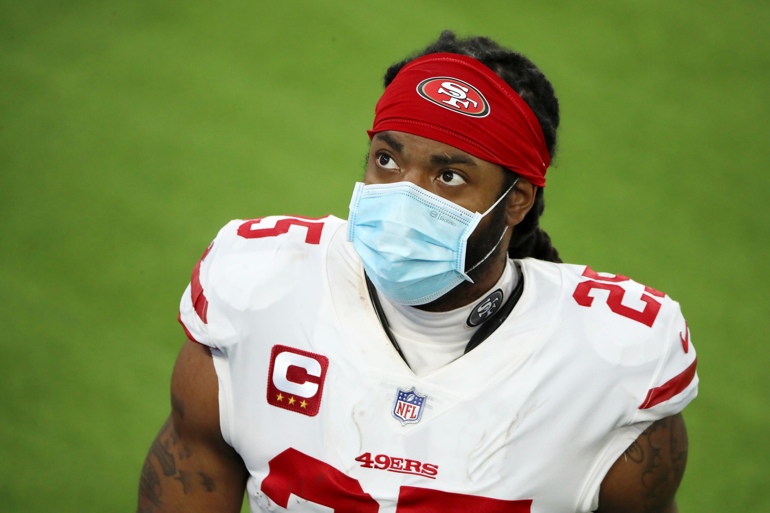 INGLEWOOD, CALIFORNIA - NOVEMBER 29: Richard Sherman #25 of the San Francisco 49ers looks on after the game against the Los Angeles Rams at SoFi Stadium on November 29, 2020 in Inglewood, California. (Photo by Katelyn Mulcahy/Getty Images)