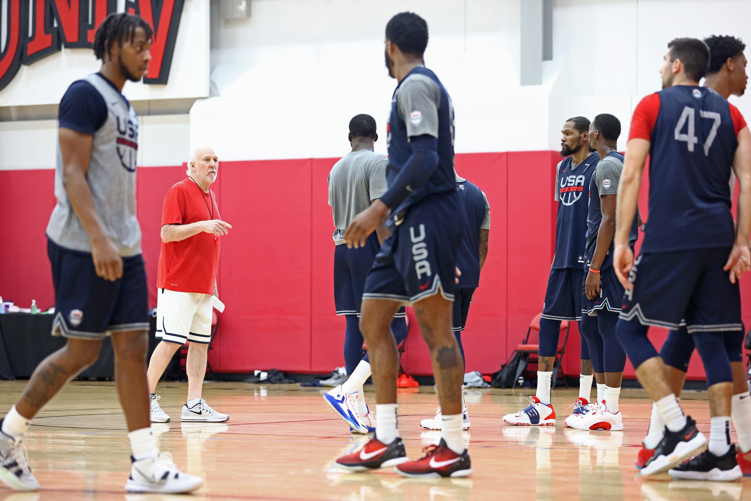 LAS VEGAS, NV - JULY 15: Gregg Popovich head coach of the USAB National team coaches during practice at Mendenhall Center on July 15, 2021 in Las Vegas, Nevada. NOTE TO USER: User expressly acknowledges and agrees that, by downloading and or using this photograph, User is consenting to the terms and conditions of the Getty Images License Agreement. (Photo by Ned Dishman/NBAE via Getty Images)