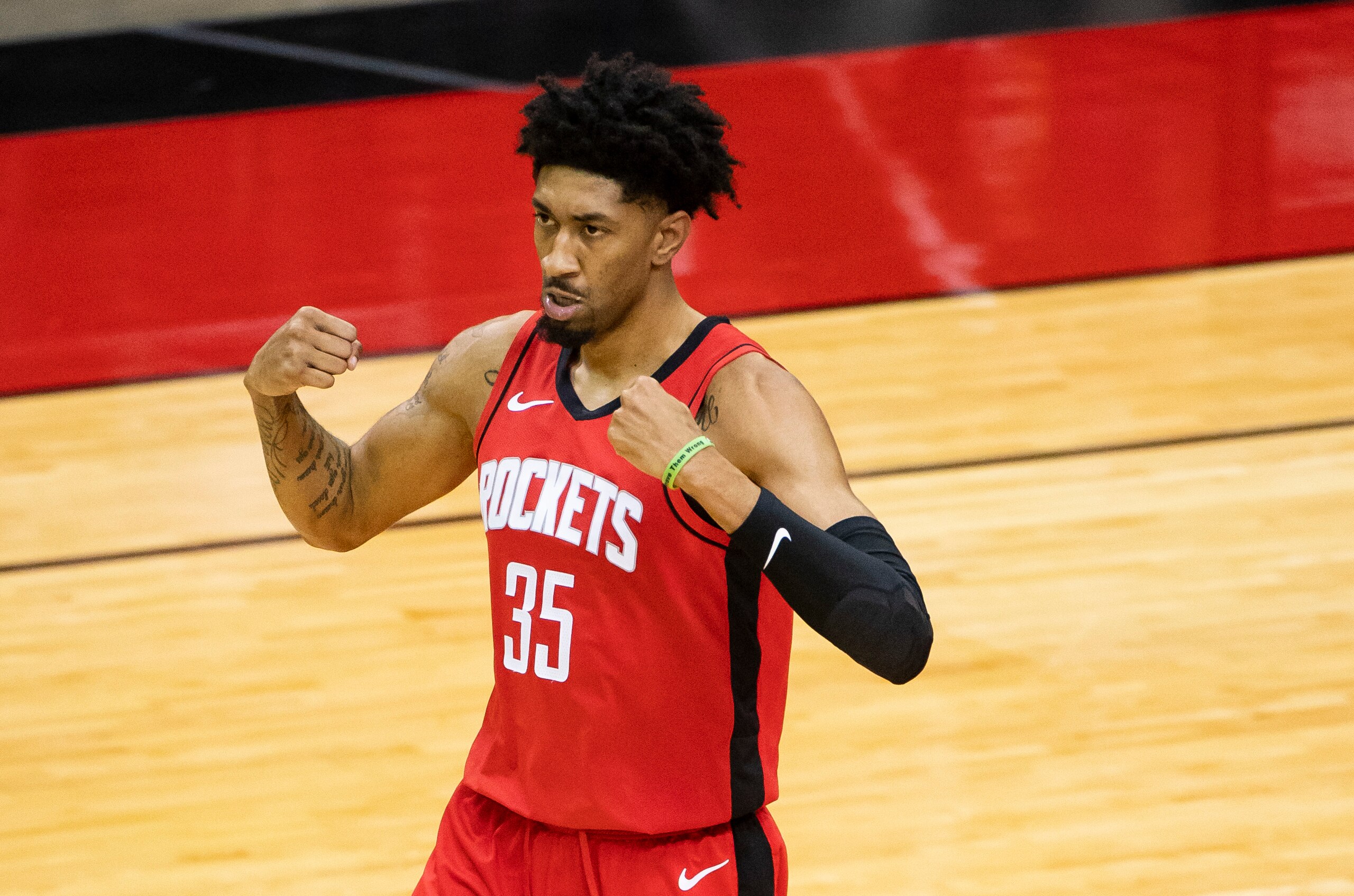 Houston Rockets center Christian Wood (35) celebrates after a basket during the first quarter against the Minnesota Timberwolves during an NBA basketball game Tuesday, April 27, 2021, in Houston. (Thomas Shea/Pool Photo via AP) Houston Rockets center Christian Wood (35) celebrates after a basket during the first quarter against the Minnesota Timberwolves during an NBA basketball game Tuesday, April 27, 2021, in Houston. (Thomas Shea/Pool Photo via AP)