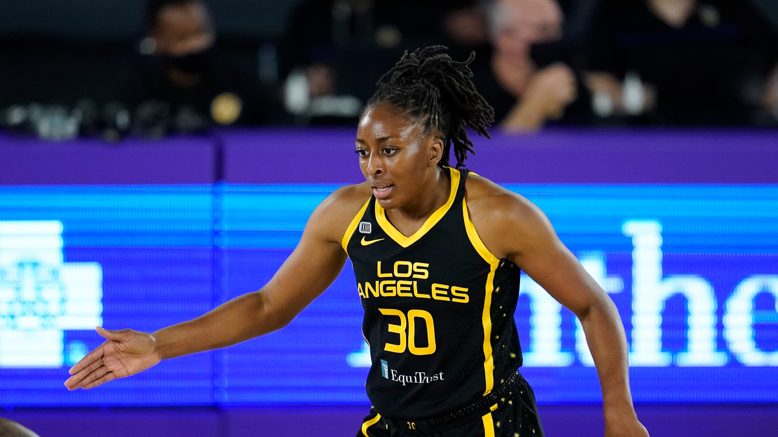 Los Angeles Sparks forward Nneka Ogwumike (30) talks to her teammates during a WNBA basketball game against the Dallas Wings Friday, May 14, 2021, in Los Angeles. (AP Photo/Ashley Landis)