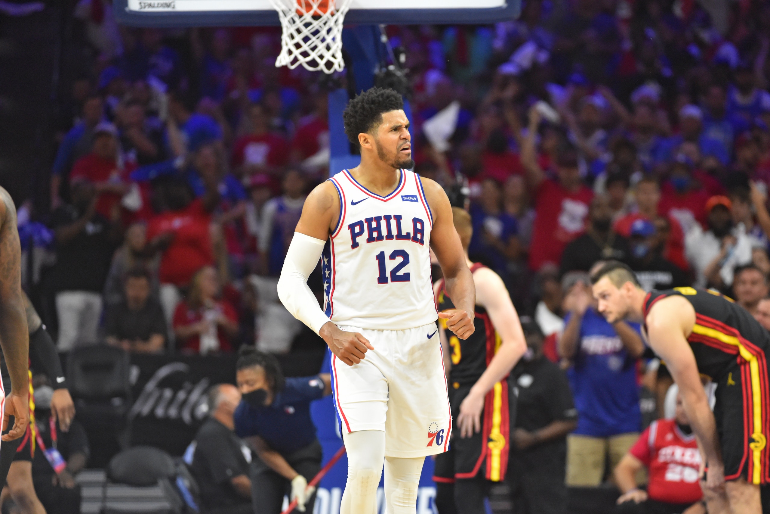 PHILADELPHIA, PA - JUNE 20: Tobias Harris #12 of the Philadelphia 76ers reacts during a game against the Atlanta Hawks during Round 2, Game 7 of the Eastern Conference Playoffs on June 20, 2021 at Wells Fargo Center in Philadelphia, Pennsylvania. NOTE TO USER: User expressly acknowledges and agrees that, by downloading and/or using this Photograph, user is consenting to the terms and conditions of the Getty Images License Agreement. Mandatory Copyright Notice: Copyright 2021 NBAE (Photo by Jesse D. Garrabrant/NBAE via Getty Images) PHILADELPHIA, PA - JUNE 20: Tobias Harris #12 of the Philadelphia 76ers reacts during a game against the Atlanta Hawks during Round 2, Game 7 of the Eastern Conference Playoffs on June 20, 2021 at Wells Fargo Center in Philadelphia, Pennsylvania. NOTE TO USER: User expressly acknowledges and agrees that, by downloading and/or using this Photograph, user is consenting to the terms and conditions of the Getty Images License Agreement. Mandatory Copyright Notice: Copyright 2021 NBAE (Photo by Jesse D. Garrabrant/NBAE via Getty Images)