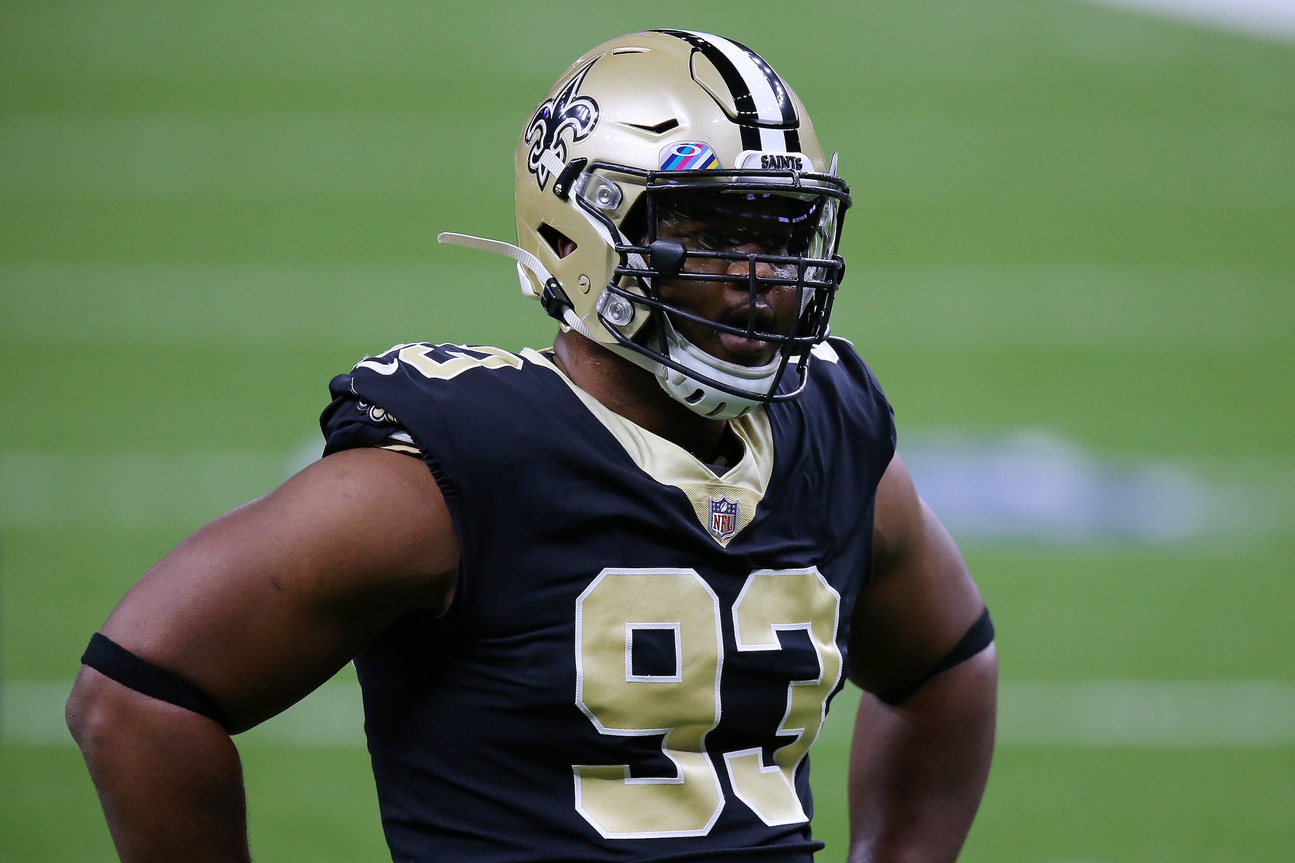 NEW ORLEANS, LOUISIANA - OCTOBER 25: David Onyemata #93 of the New Orleans Saints in action against the Carolina Panthers during a game at the Mercedes-Benz Superdome on October 25, 2020 in New Orleans, Louisiana. (Photo by Jonathan Bachman/Getty Images) NEW ORLEANS, LOUISIANA - OCTOBER 25: David Onyemata #93 of the New Orleans Saints in action against the Carolina Panthers during a game at the Mercedes-Benz Superdome on October 25, 2020 in New Orleans, Louisiana. (Photo by Jonathan Bachman/Getty Images)
