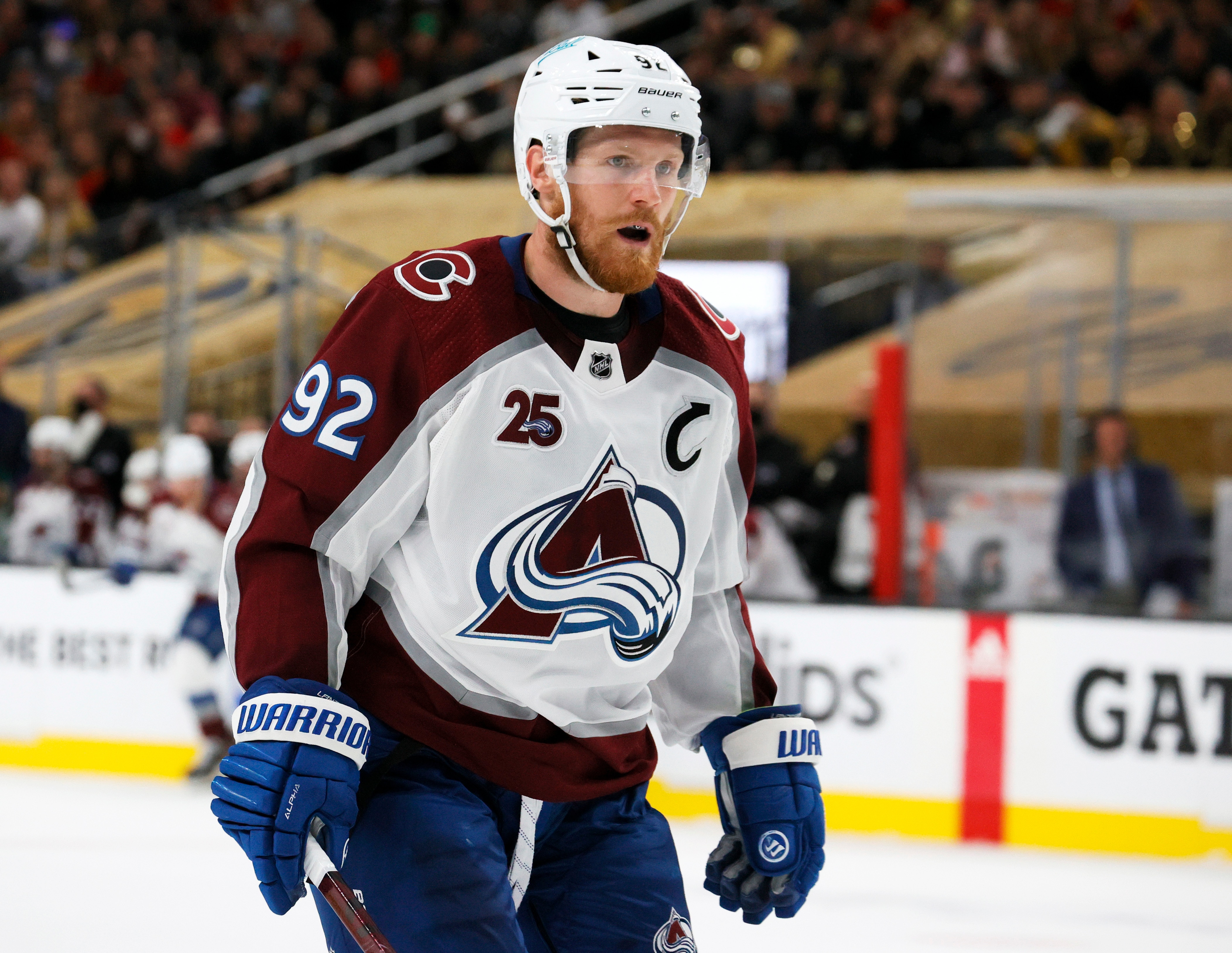 LAS VEGAS, NEVADA - JUNE 04:  Gabriel Landeskog #92 of the Colorado Avalanche takes a break during a stop in play in the third period of Game Three of the Second Round of the 2021 Stanley Cup Playoffs at T-Mobile Arena on June 4, 2021 in Las Vegas, Nevada. The Golden Knights defeated the Avalanche 3-2.  (Photo by Ethan Miller/Getty Images)