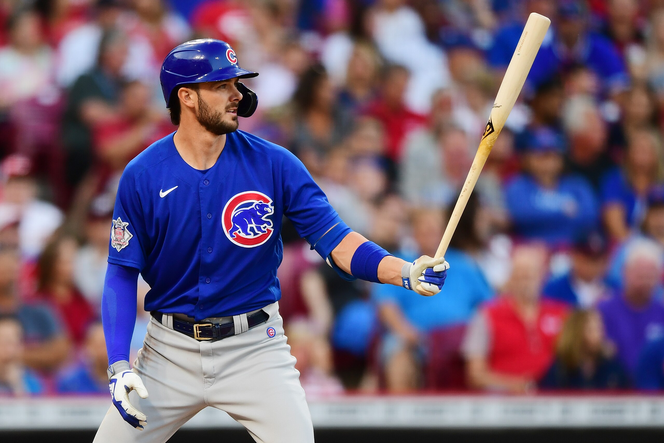 CINCINNATI, OHIO - JULY 02: Kris Bryant #17 of the Chicago Cubs at-bat during a game between the Chicago Cubs and Cincinnati Reds at Great American Ball Park on July 02, 2021 in Cincinnati, Ohio. (Photo by Emilee Chinn/Getty Images)