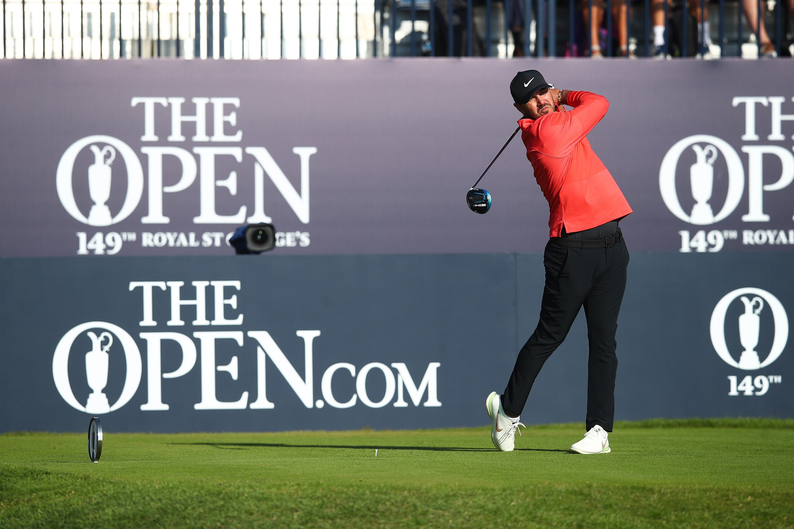 SANDWICH, ENGLAND - JULY 15: Brooks Koepka of the United States plays his shot from the first tee during Day One of The 149th Open at Royal St George’s Golf Club on July 15, 2021 in Sandwich, England. (Photo by Christopher Lee/Getty Images)