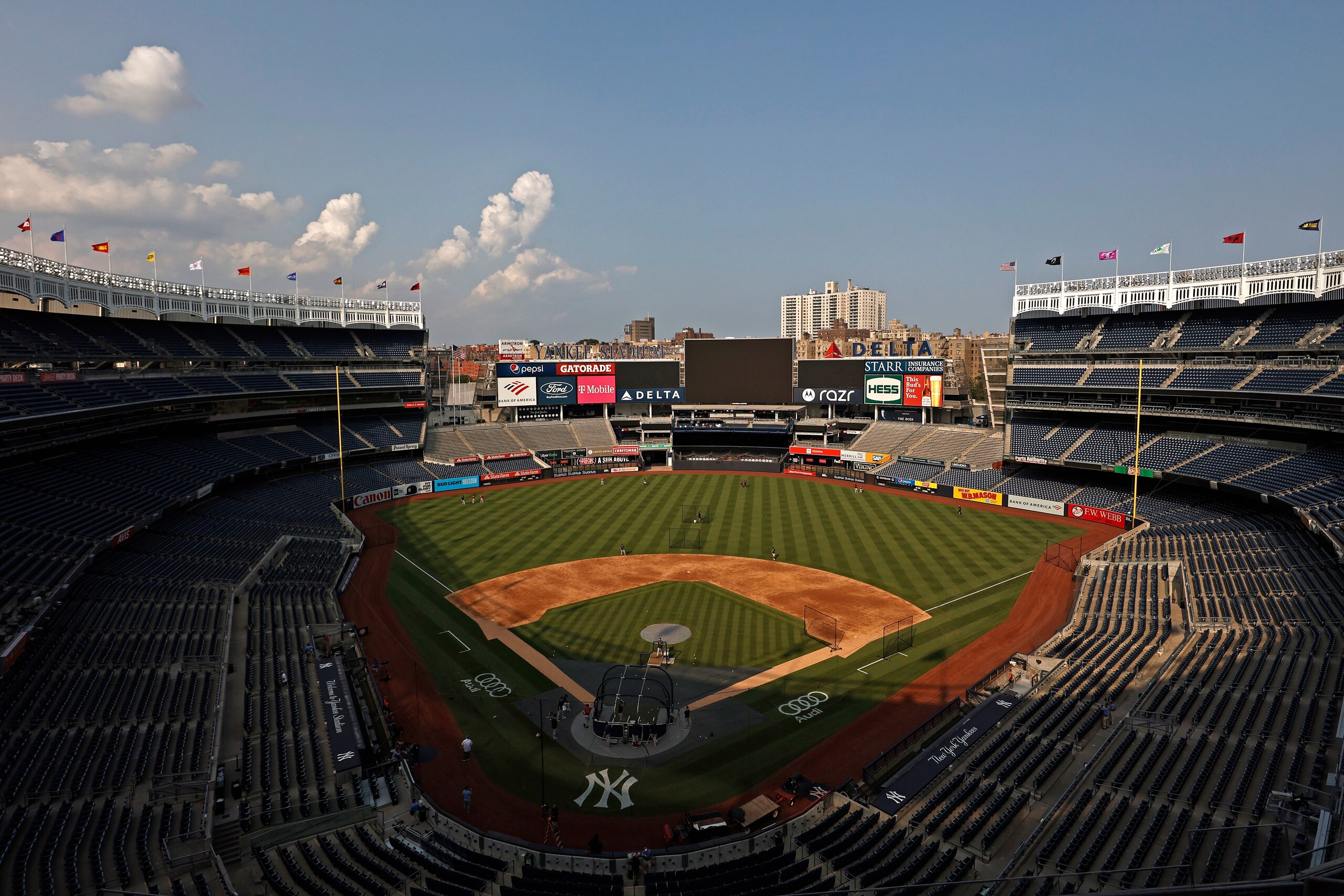 NEW YORK, NY - JULY 15: Members of the Boston Red Sox take batting practice at Yankee Stadium on July 15, 2021 in the Bronx borough of New York City. The game between the Red Sox and the New York Yankees was postponed due to positive COVID-19 tests within the Yankee organization among New York pitchers Jonathan Loaisiga, Nestor Cortes Jr. and Wandy Peralta. (Photo by Adam Hunger/Getty Images)