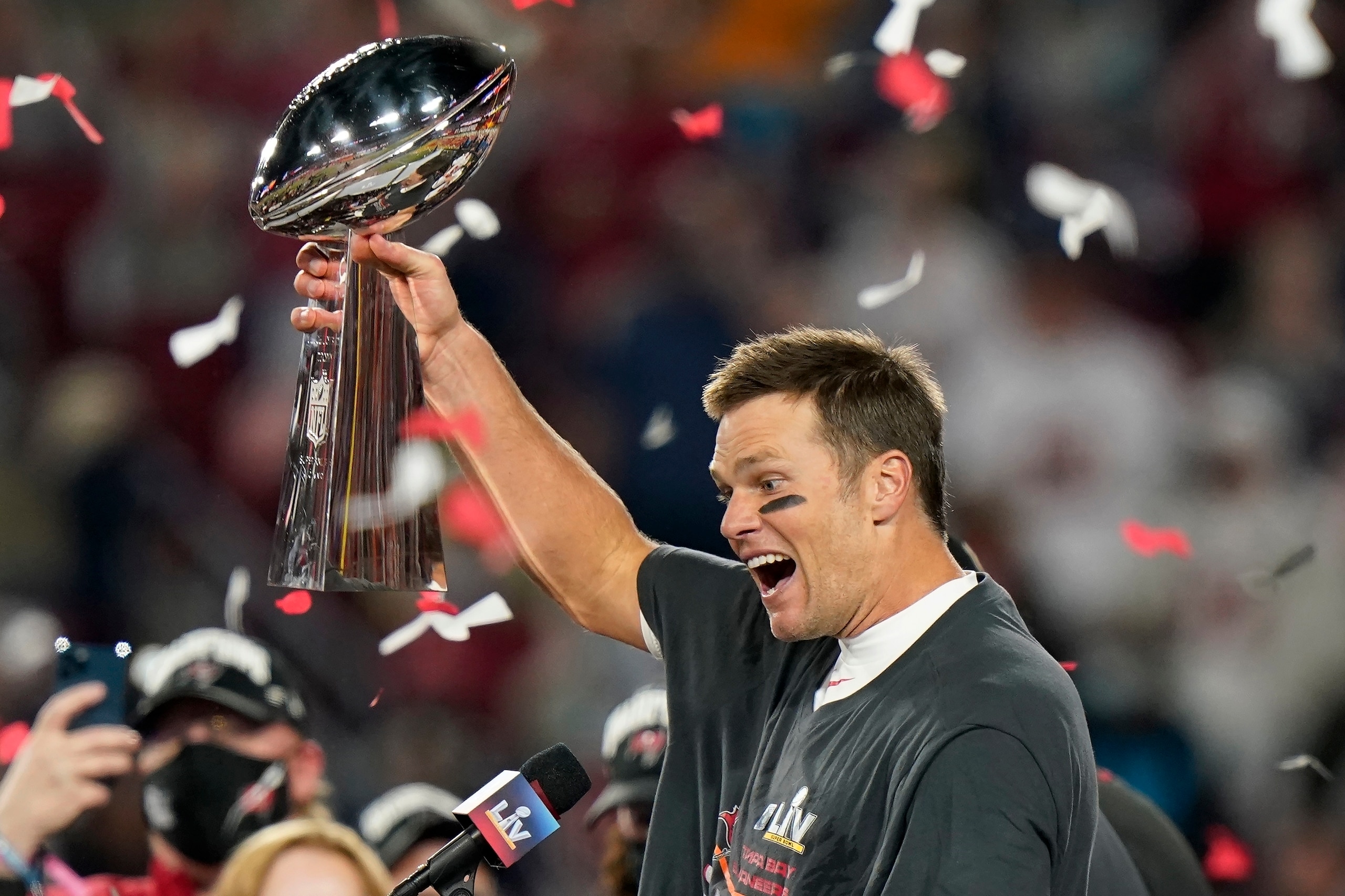 FILE - In this Feb. 7, 2021, file photo, Tampa Bay Buccaneers quarterback Tom Brady celebrates with the Vince Lombardi Trophy after the  team's NFL Super Bowl 55 football game against the Kansas City Chiefs in Tampa, Fla. The Buccaneers won 31-9. Brady won the ESPY for male athlete of the year, Saturday, July 10. (AP Photo/Lynne Sladky, File)